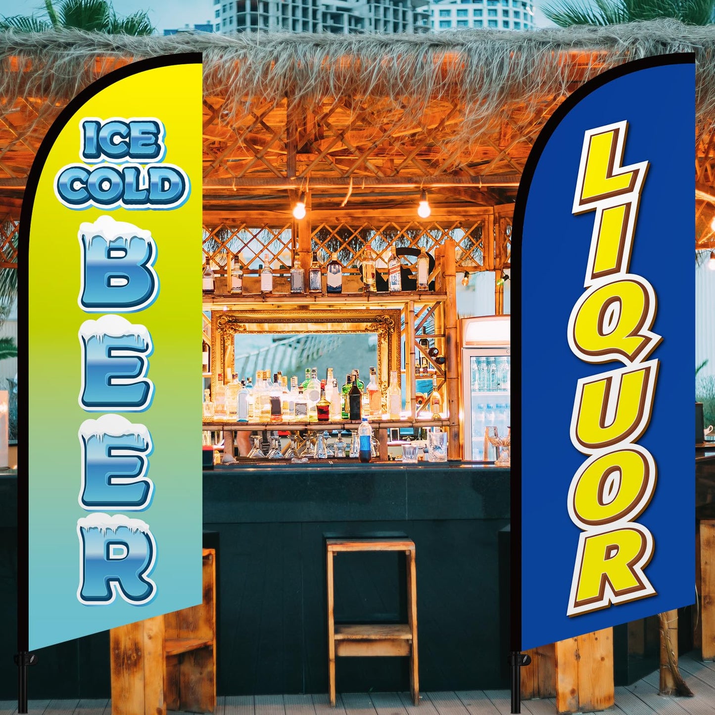 CrystalSylara 2 Pack 8.2 ft Ice Cold Beer Liquor Feather Flags Advertising Swooper Flag Banner Sign Included Hardware for Bars, Stores, Outdoor Businesses