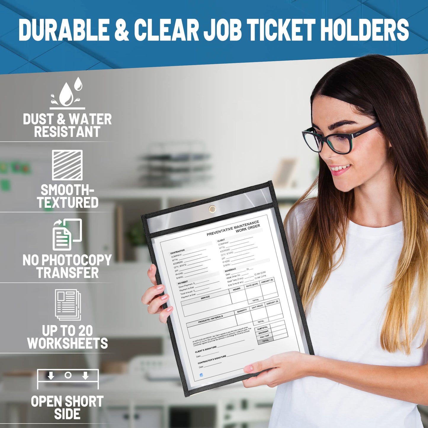 30 Pack Job Ticket Holders 8.5x11 - Work Order Plastic Sleeves for Documents - 8 1/2 x 11 Shop Ticket Holders - Heavy Duty Sheet Protectors - Dry Erase Pocket Sleeves - Dry Erase Clear Pocket Sleeve