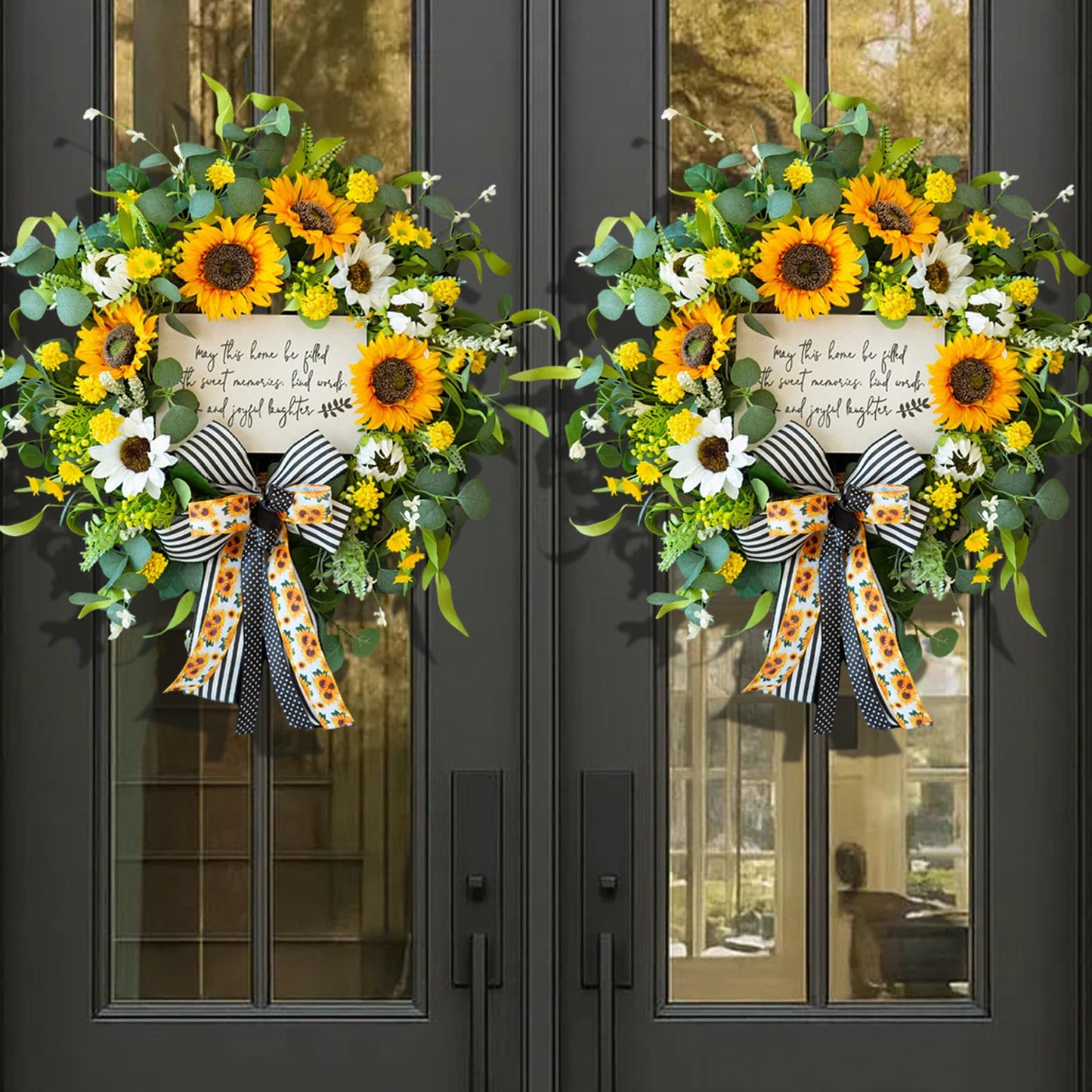 CHvista Spring Wreaths for Front Door 24 Inch Handmade Spring Summer Wreath with Artificial Sunflowers,Welcome Message Sign & Elegant Bow and White Yellow Daisy Wildflowers for Home,Porch&Gift Giving