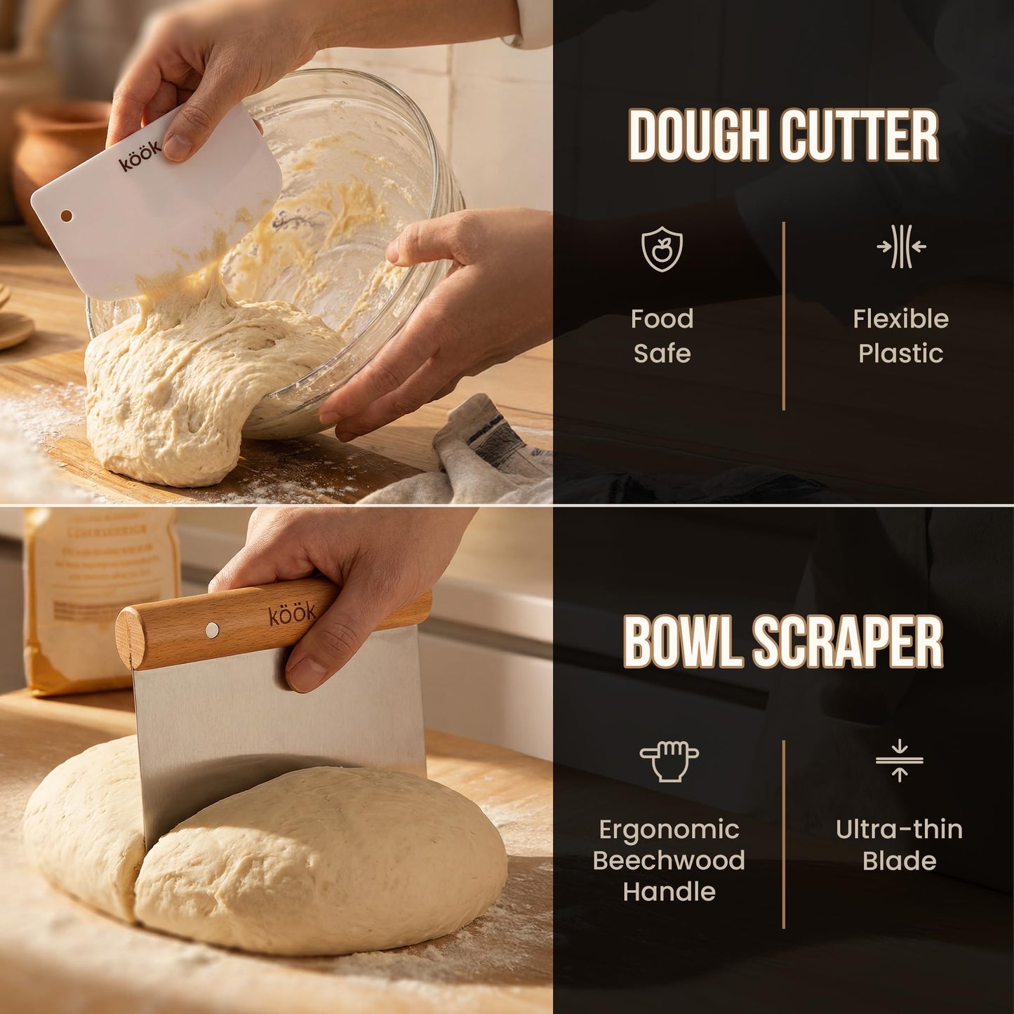 Kook Banneton Bread Proofing Set, Artisan Sourdough Bread Making Kit with Round & Oval Rattan Baskets, Liners, Dough Scrapers, Scoring Lame + Blades, Brush & Dough Cover (Set of 2)