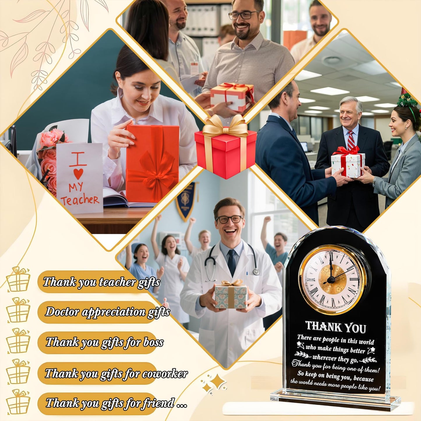 Thank You Gifts for Men Women - Appreciation Gift for Teacher Doctor Nurse Boss Coworker - Crystal Clock Inspirational Gratitude Presents for Male Leader Friends Christmas Grateful Plaque Decor