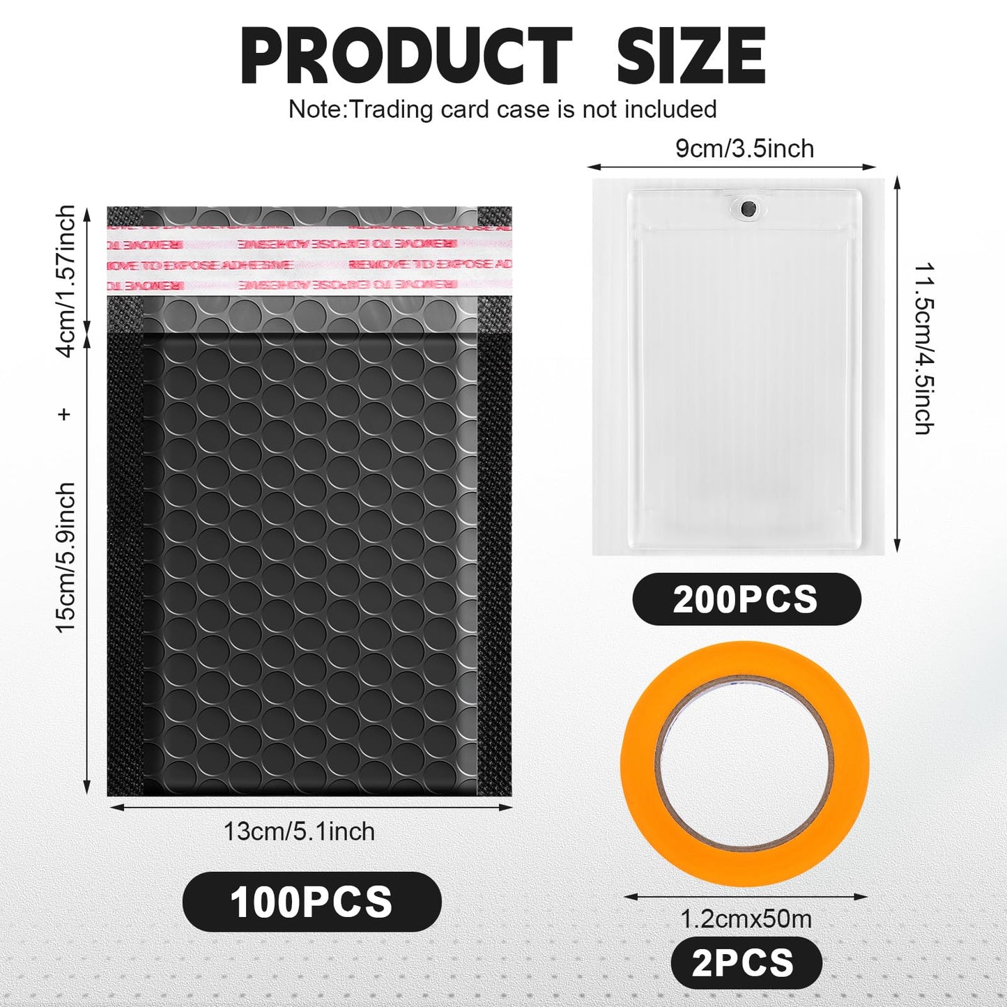 Engrowtic 302 Pcs Trading Card Shipping Protector Set Include 200 Precut Plastic Inserts Card Mailers 100 Poly Bubble Mailers Padded Envelopes and 2 Masking Tape(Black,4.5 x 3.5 Inch)