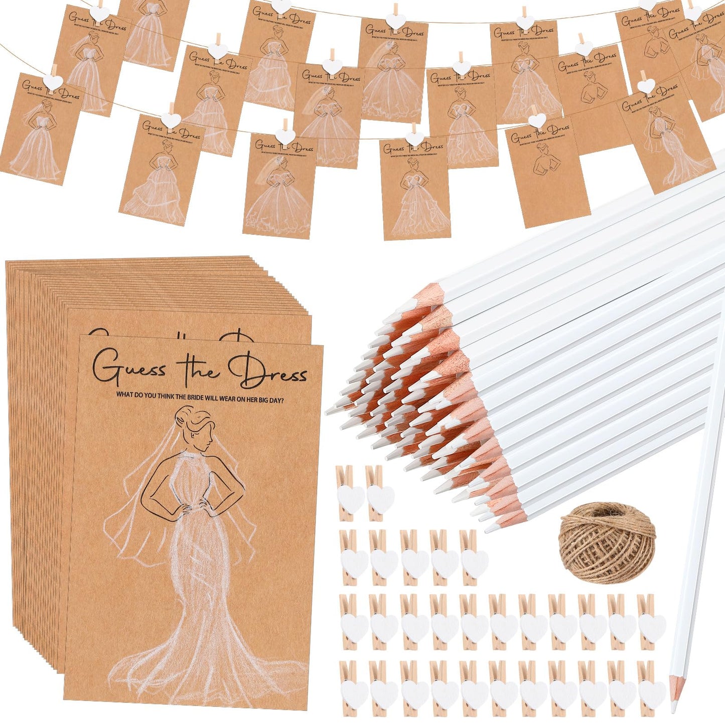 Sinload 50 Sets Guess the Dress Bridal Shower Games for Guests Wedding Shower Games Cards Water Soluble Pencils with Fun Heart Wooden Clip and 1 String Rope Wedding Party Supplies Games Ideas