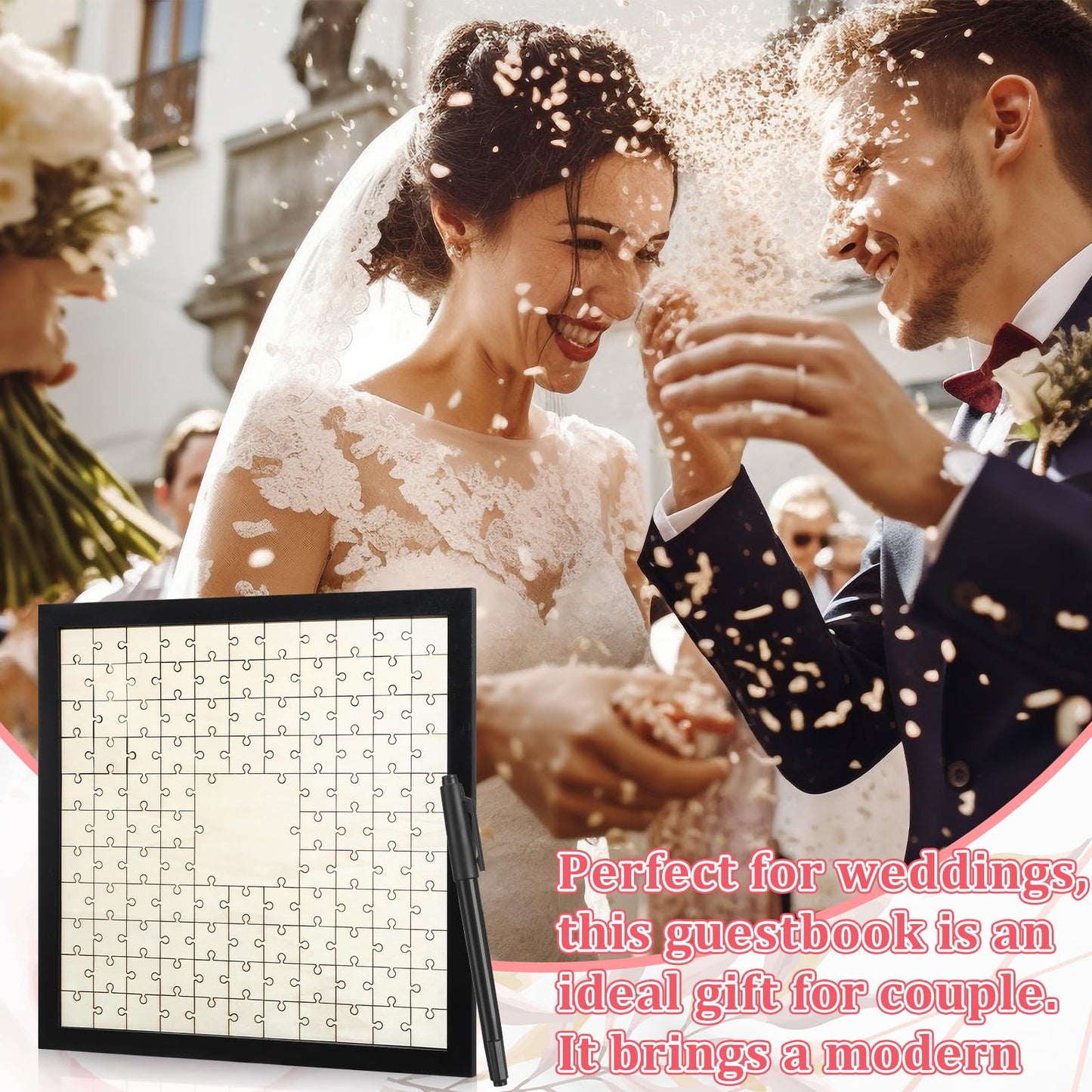 Leinuosen Wedding Guest Book Alternative Jigsaw with 112 Wooden Blank Puzzle with Frame and Pen Personalized Wedding Guest Book Make Your Own DIY Decor for Party Engagement Bridal (112 Pieces, Black)