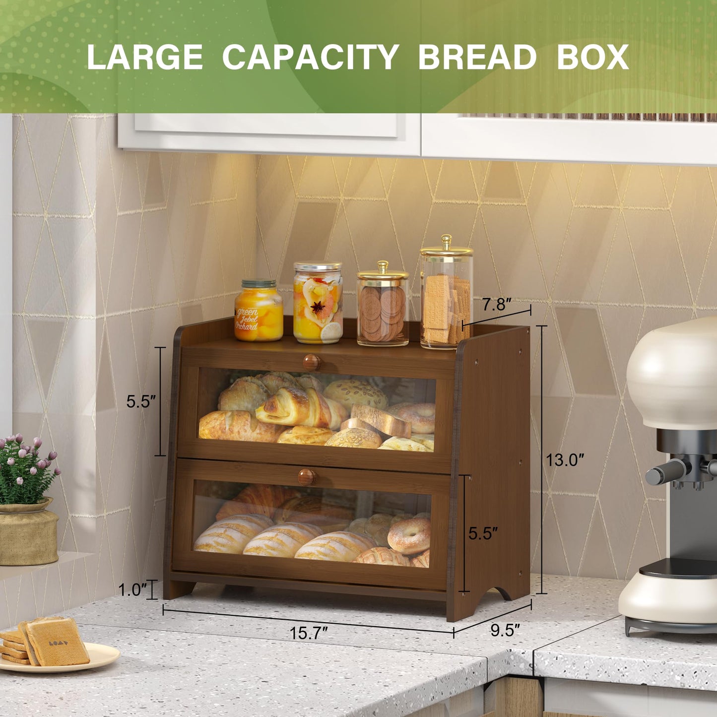JANSNIMEN Double Layer Bread Box for Kitchen Countertop, Large Breadbox Bread Container Storage with Acrylic Door, Wooden Farmhouse Bread Holder (Brown, Medim-15.7" L x 9.5" W x 13" H)