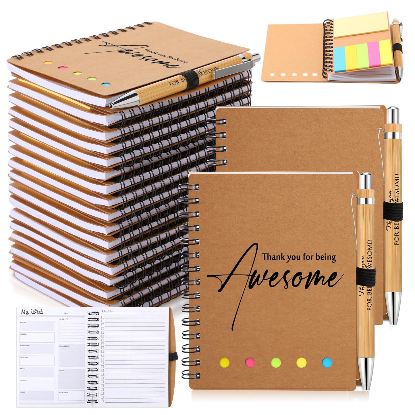 20 Sets Employee Appreciation Gift Bulk for Nurse Teacher Thank You Being Awesome Weekly Planner Notebook Pen Sticky for End of Year Teacher Nurse Staff Coworker Graduation (Bamboo,Kraft Colors)