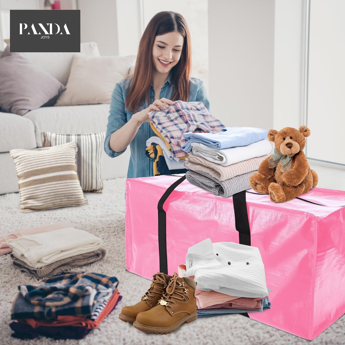 PANDA JOYS 8 Pack Extra Large Moving Bags with Zippers & Carrying Handles, Heavy-Duty Storage Tote for Space Saving Moving Storage, Fold Flat, Alternative to Box and Bin,Pink