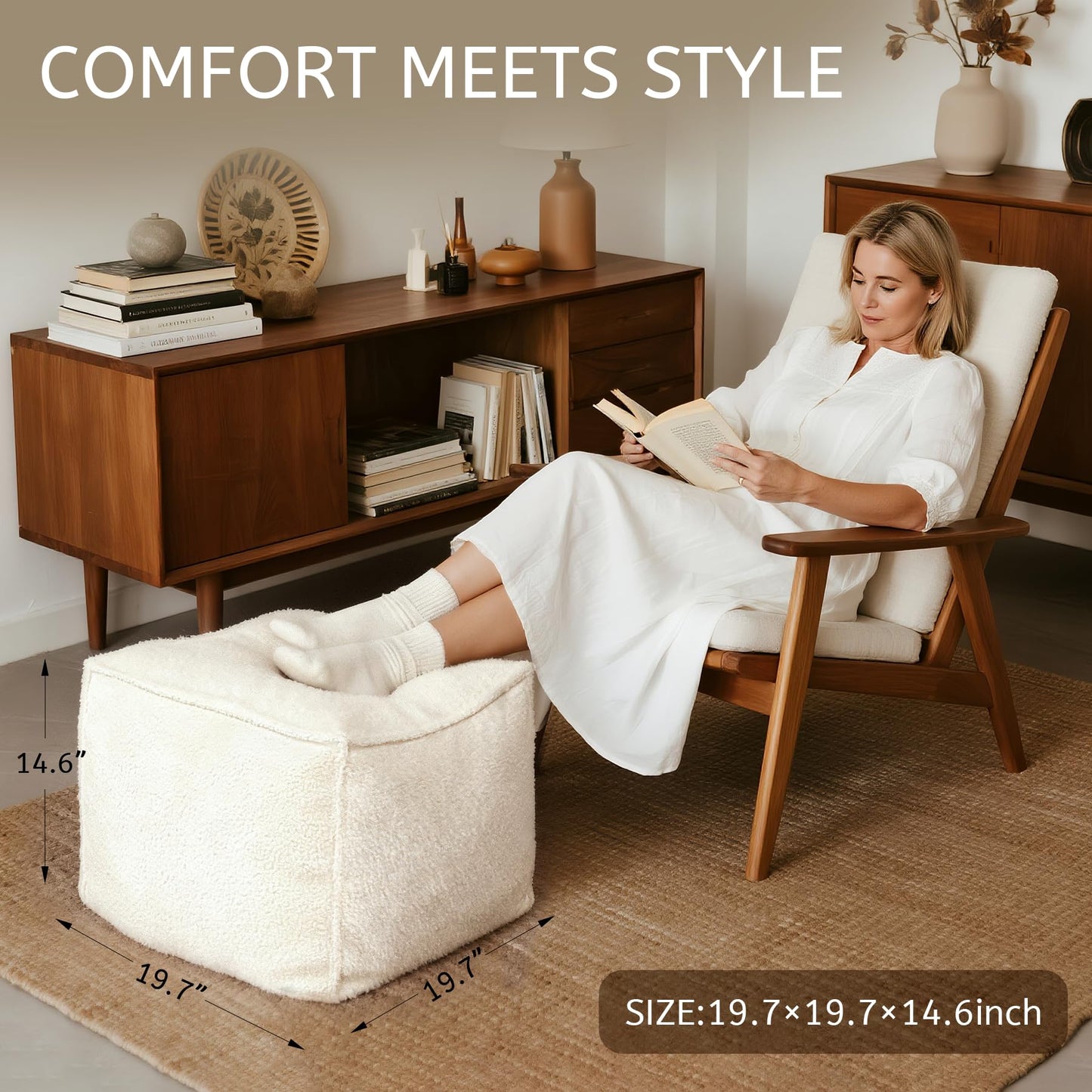 Kinevoli Square Boucle Pouf Ottoman Footrest, Soft & Lightweight Footstool with Foam Filling for Living Room & Bedroom, Laid-Back Lounge Style