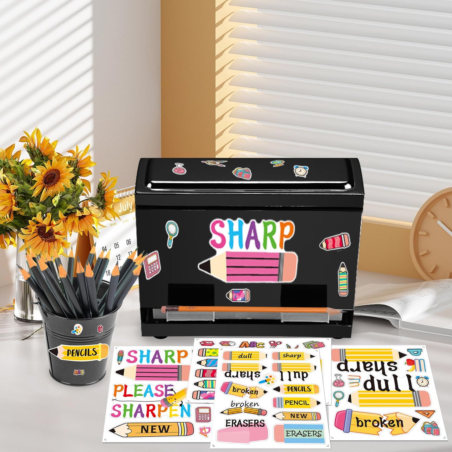 Tkifoda Pencil Dispenser for Classroom Stainless Steel Pencil Holder for Desk, Pencil Dispenser Set with Silicone Organizer & 4 Stickers, Classroom Must Haves Teacher Homeschool Office Supplies
