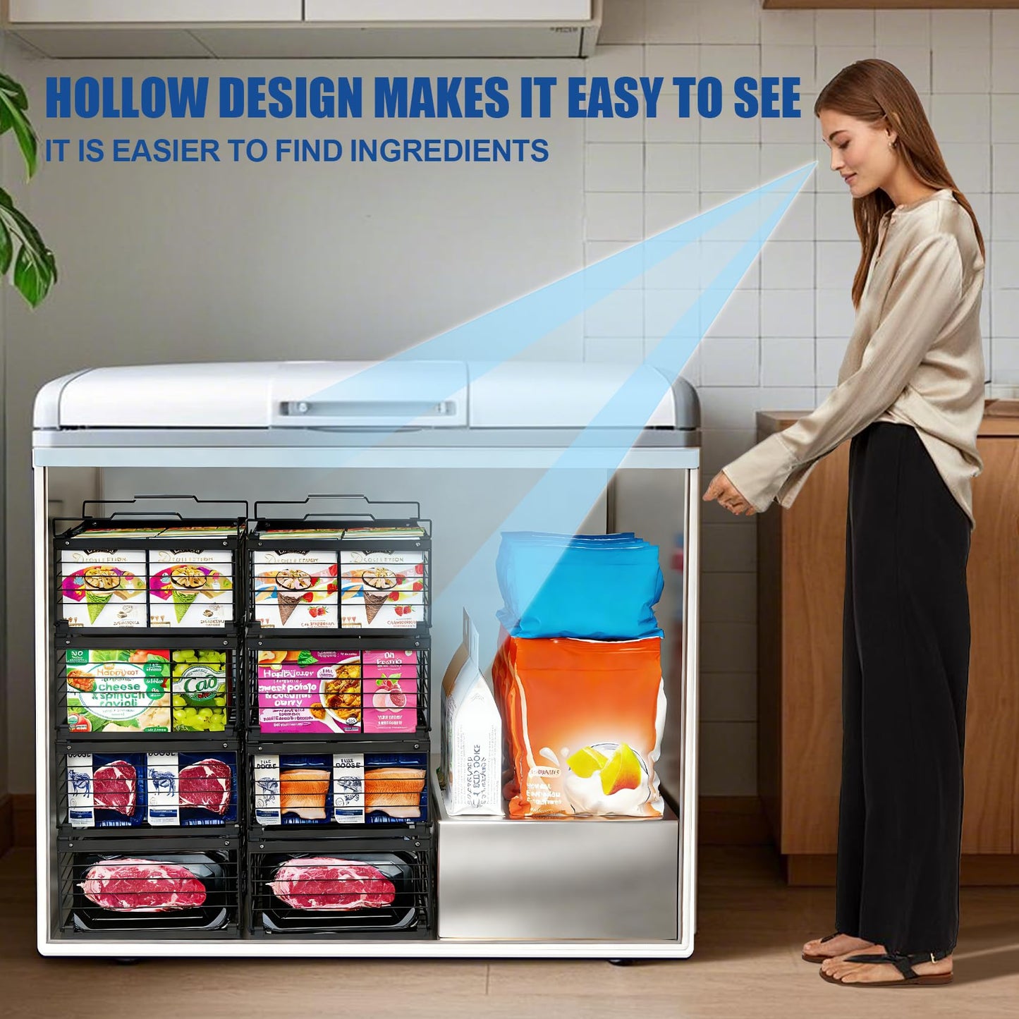 2Pcs Freezer Organizer Bins,11 to 17 inchs Large Scalable Stackable Freezer Storage Containers,Deep Freezer Organizer Bins Effectively Classify Food,Foldable Side Handles for Extra Storage Space
