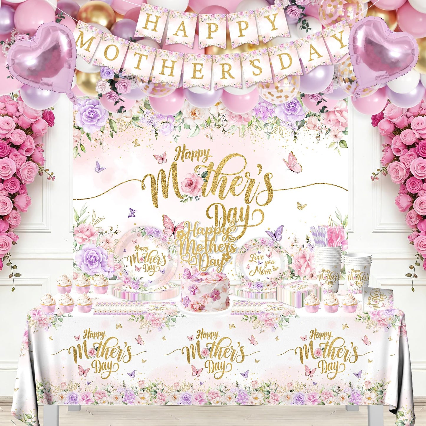 259Pcs Mothers Day Decorations for Party - Purple and Pink Floral Happy Mother's Day Paper Plates and Napkins Mothers Day Balloon Arch,Banners,Cake Toppers for Best Mom Ever Party Favor 24 Guests