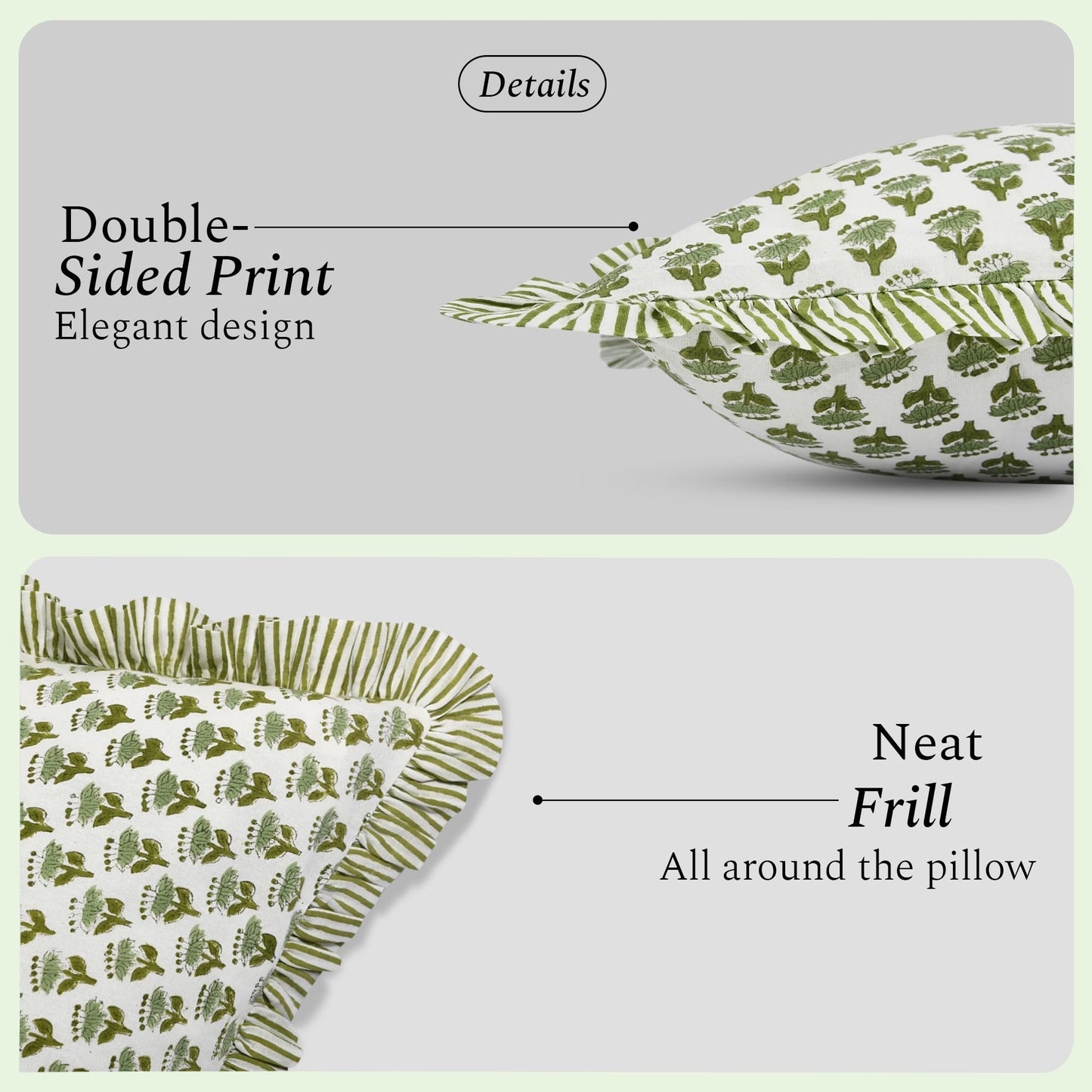 CPC Block Print Ruffle Throw Cover Emerald Green 20"x20" Inch Pack of 2-100% Cotton Ruffle Couch Decorative Boho Pillows Case for Living Room, Bedroom, Sofa, Farmhouse Gift for Spring, Mother's Day