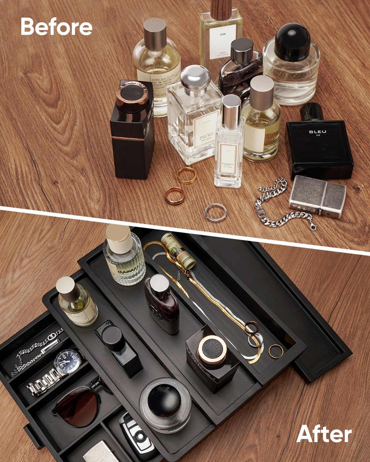 BRITEREE Cologne Organizer for Men, 3 Tier Wooden Cologne Stand with Drawer Storage and Hidden Compartment, Perfume Display Holder for Dresser, Great Gifts for Him Dad Fathers Day, Black