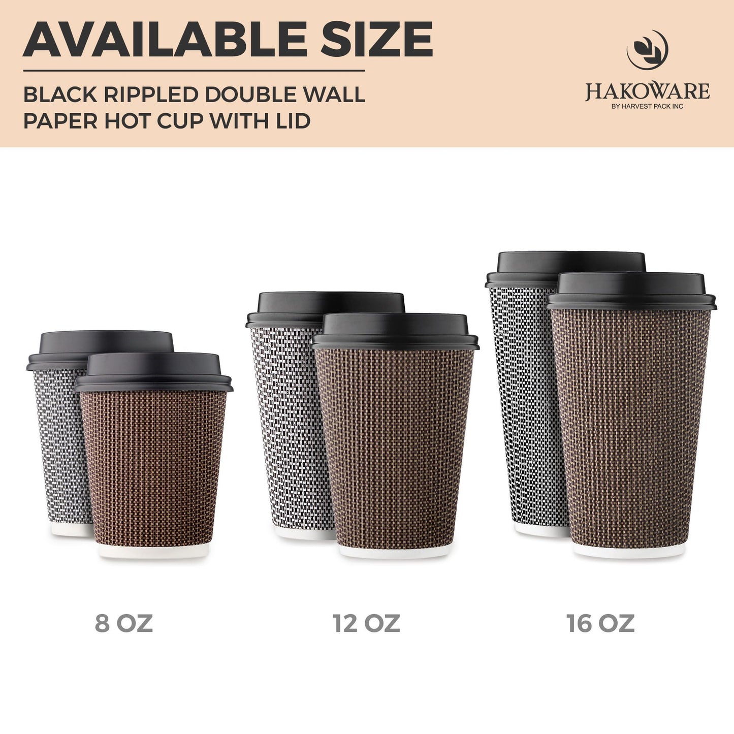 [85 SET]Harvest Pack 16 oz Disposable Coffee Cups, Insulated Ripple Double-Walled Paper Cups with Lids, Brown Geometric, Hot Paper Cups for Tea Chocolate Party Drinks To go coffee cups