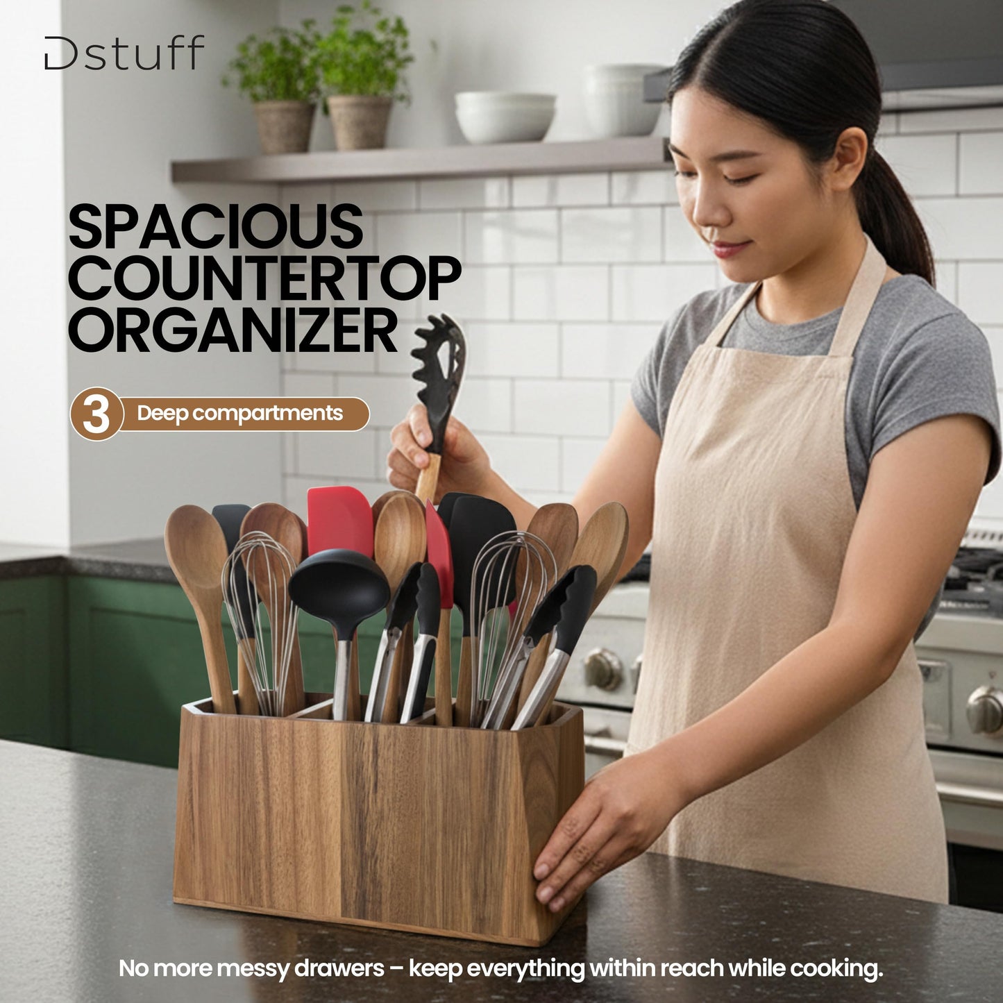 Large Kitchen Utensil Holder for Countertop – Acacia Wood Utensil Organizer with 3 Compartments, Beveled Edges Design, Non-Slip Silicone Pads & Drain Hole – Rustic Farmhouse Utensil Caddy Crock