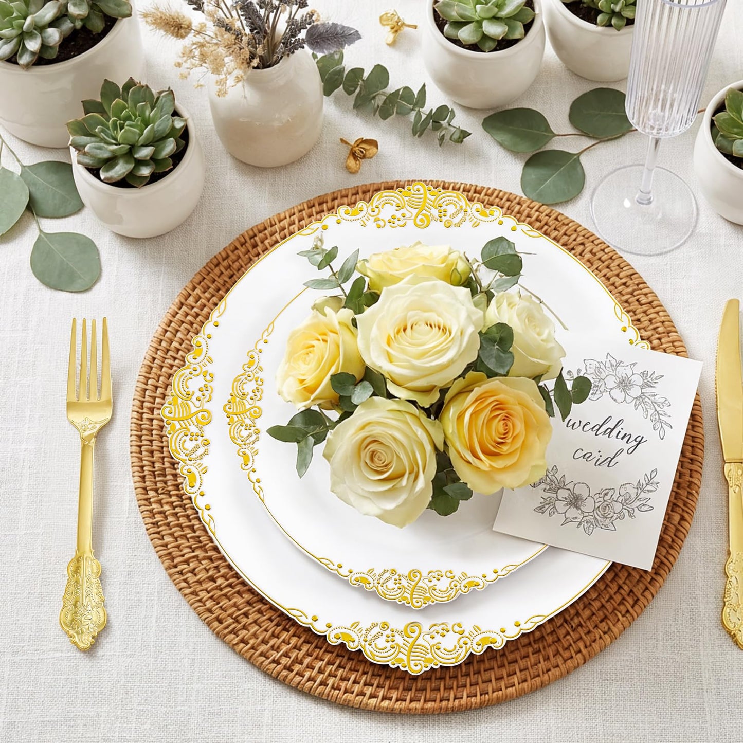 Joyido 200PCS White and Gold Plastic Plates - Gold Disposable Plates - Gorgeous Wedding Plate 10inch Dinner & 7.25inch Dessert Plate for 100 Guests for Wedding & Party