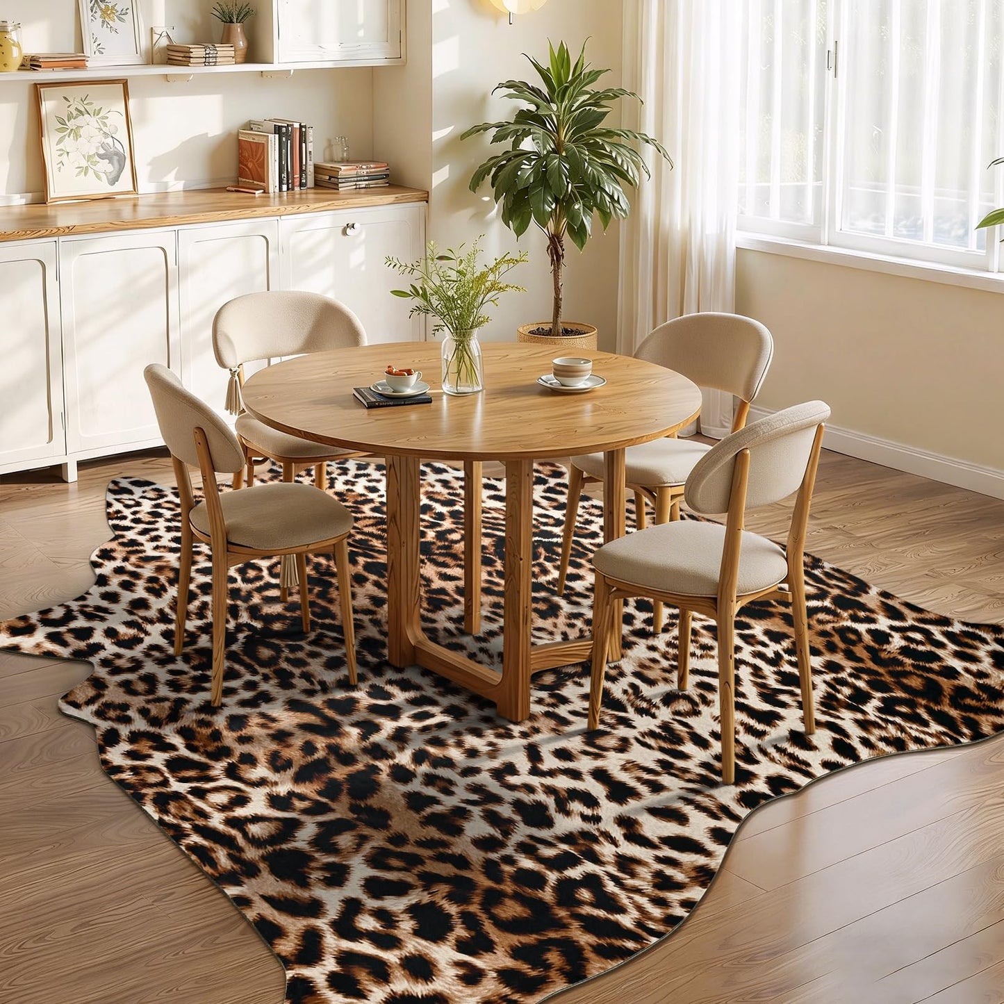 DweIke Faux Leopard Print Rug for Living Room, 4.6 x 5.2 ft Western Animal Cheetah Hide Rugs, Non Slip Cool Leopard Fur Skin Carpet for Bedroom Dining Room Farmhouse Entrance Home Decor, Dark Brown