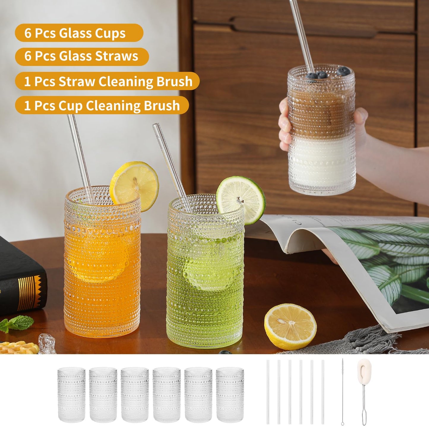 HEFBCOMK Large Vintage Hobnail Drinking Glasses Set of 6, 16oz Clear Highball Glasses Cups, Kitchen Water Glasses Cup, for Cocktail, Juice, Whiskey, Milk and Various Mixed Drinks