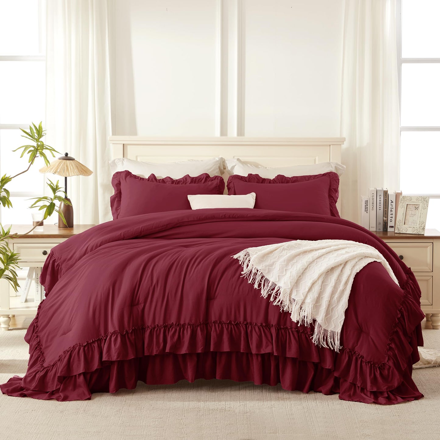 Andency Burgundy Comforter Set Queen Size, Lightweight Fluffy Farmhouse Ruffle Bedding Set, Soft Polyester All Season Shabby Chic Bed Comforter Set 3 Pieces(1 Comforter 2 Pillowcases)