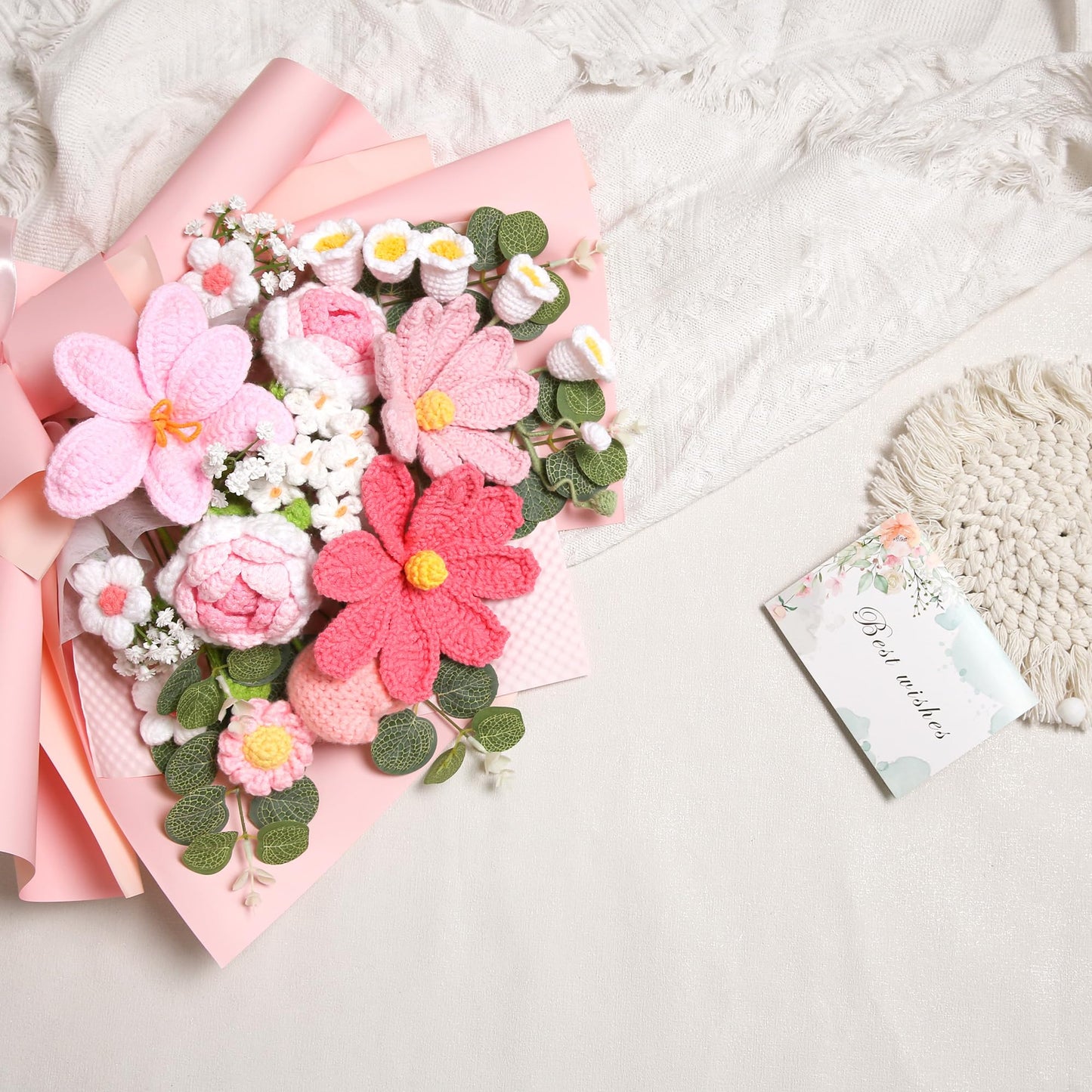 Crochet Flower Bouquet Premium Edition, Handmade Knitted Faux Crochet Flowers for Home Decor Valentine’s Day Anniversary Weddings Birthdays Mother’s Day, Includes Gift Bag and Greeting Card (Rose)