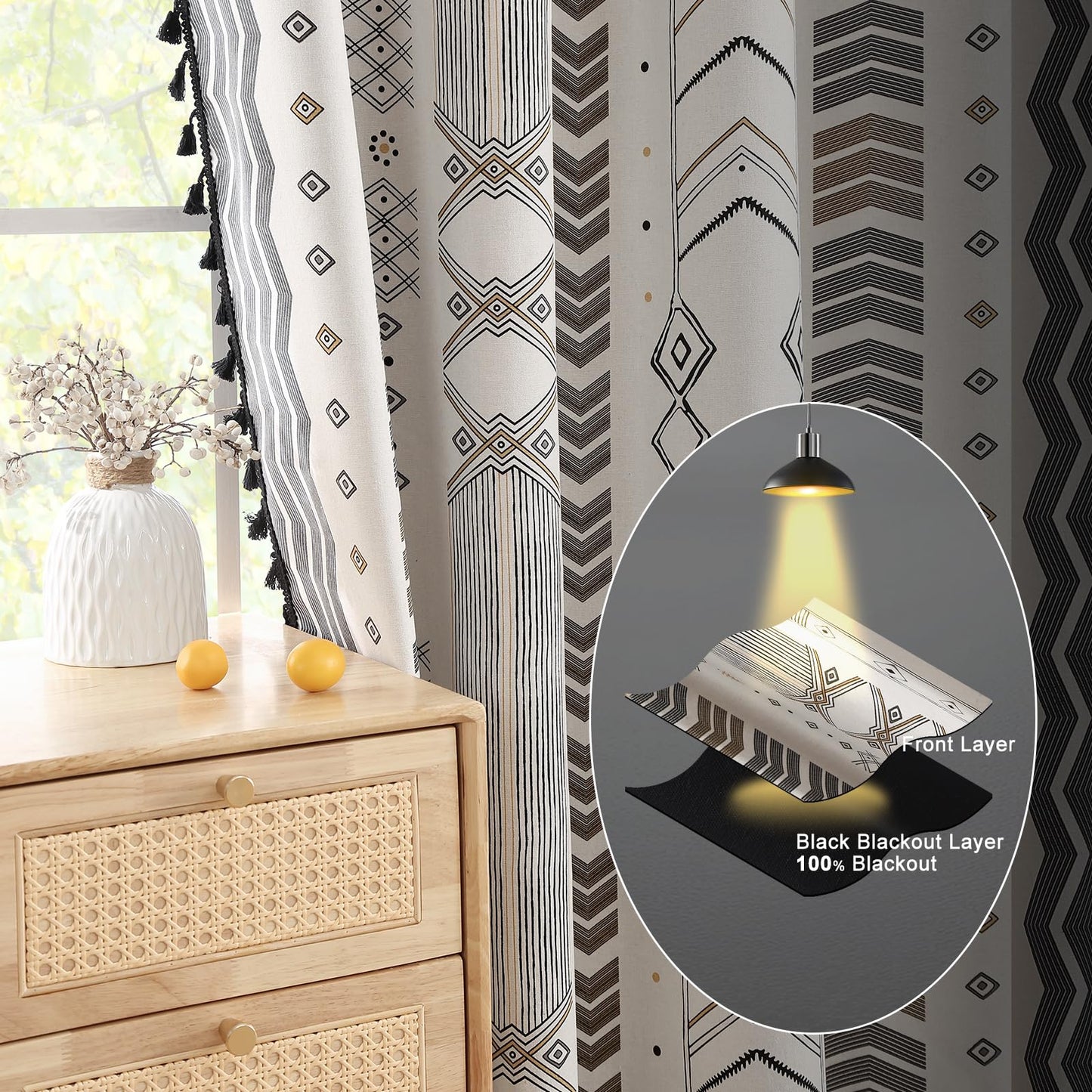 Colorbirtd 100% Blackout Boho Curtains Heat Sun Blocking for Bedroom Living Room 84 Inches Thermal Curtains for Summer Heat Sun Blocking Black and White Western Southwest Black Out Drapes Sliding Door