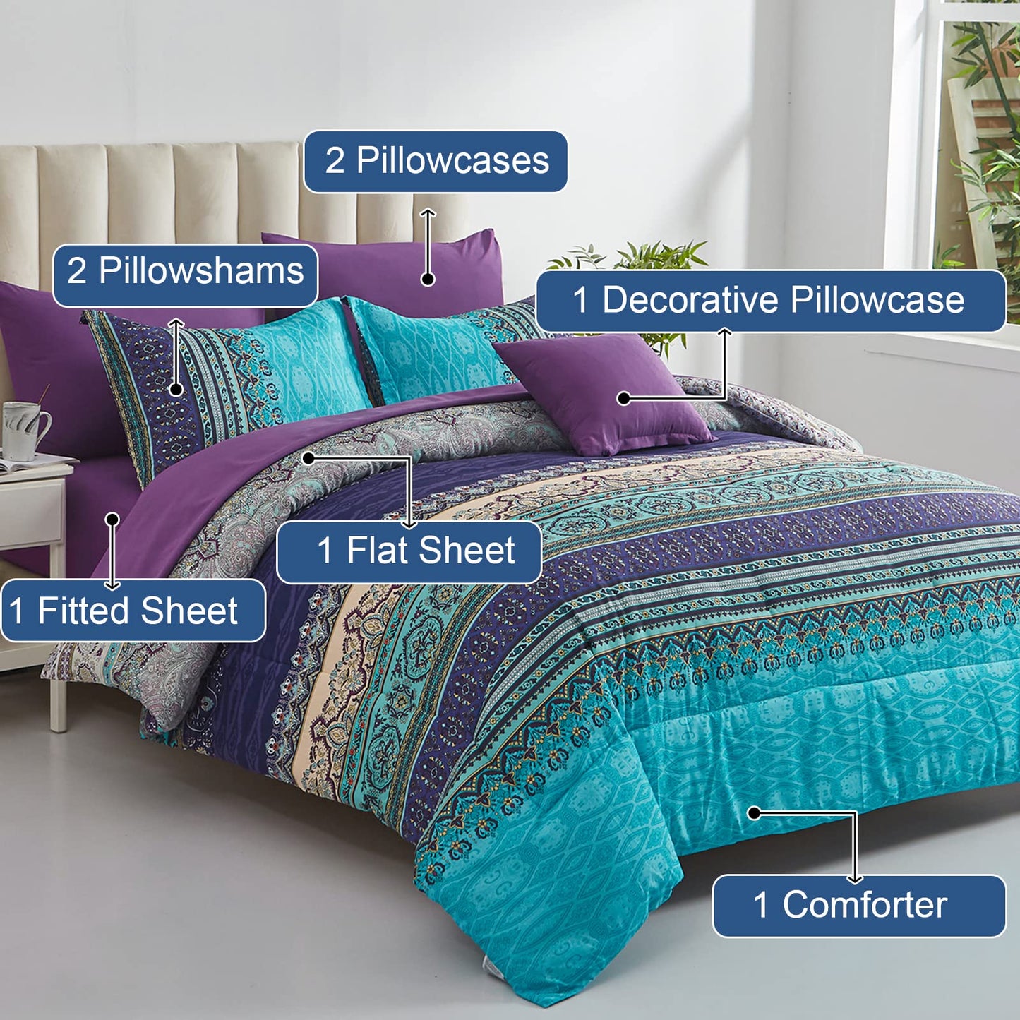 Cottolester Boho Comforter Set Full Size 8 Piece Bed in a Bag Bohemian Striped Bedding Quilt Set Aqua Paisley Floral Comforter and Sheet Set,Soft Microfiber Complete Bedding Sets for All Season