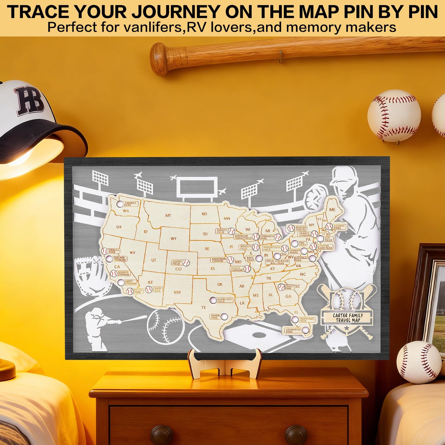 Baseball Stadium Map,USA Travel Map with Pins,Baseball Decor,Sports Memorabilia US Ballparks Travel Tracker,United States Maps for Wall,Baseballs Gift for Men Boys MLB Fans Baseballism (Gray)