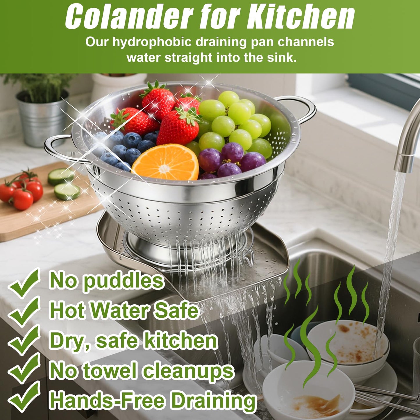 Palksky Stainless Steel Colander Set with Handles & Self-Draining Base, 3 Sizes (7”, 9”, 11”), Heavy Duty Pasta Strainer, Rice & Vegetable Strainer, Countertop Draining System