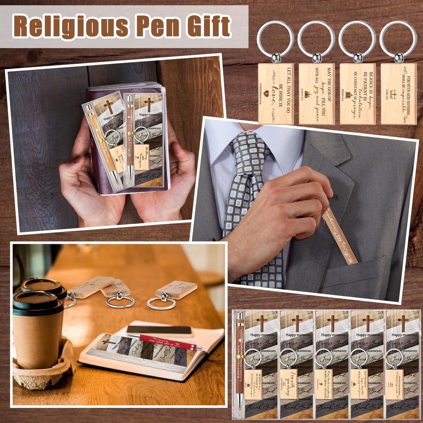 Spakon 120 Pcs Fathers Day Church Gifts Bulk, 40 Bible Verse Bamboo Pens 40 Church Keychains 40 Cross Bookmarks and Bags for Religious Sunday School Christian Party