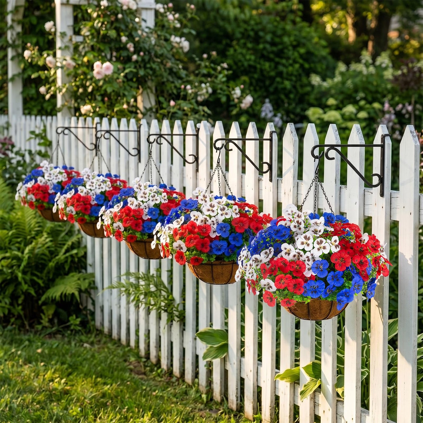 lovemoon 2 Sets Artificial Hanging Pansies Flowers with Baskets, 24 Pcs Faux Patriotic Silk Pansy Outdoor Flower for Porch Patio Garden Home Summer 4th of July Decor (Y/P/W) (2, RedWhiteBlue)