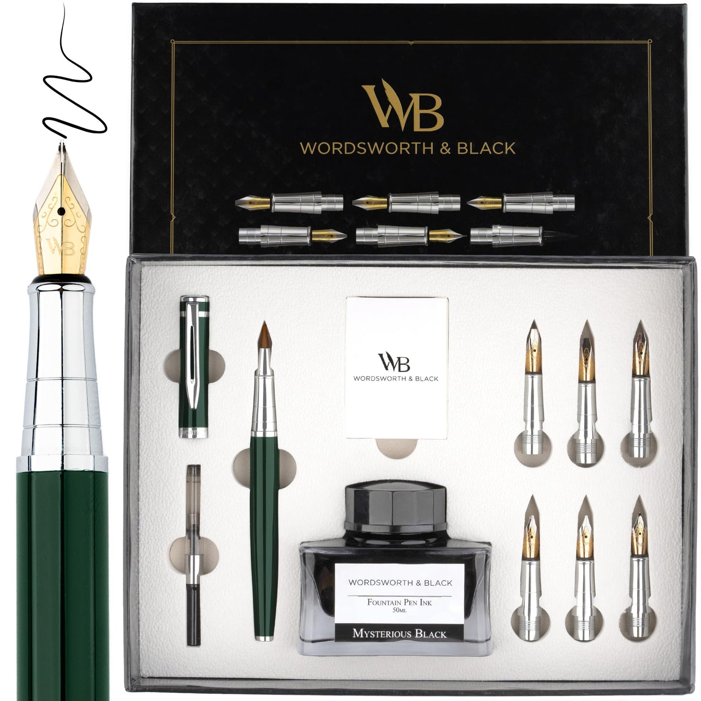 Wordsworth & Black Calligraphy Pen Gift Set, Includes Bottle, 6 Cartridges, Refill Converter, 6 Replacement Nibs, Premium Package, Journaling, Smooth Writing Pens [Green Chrome]