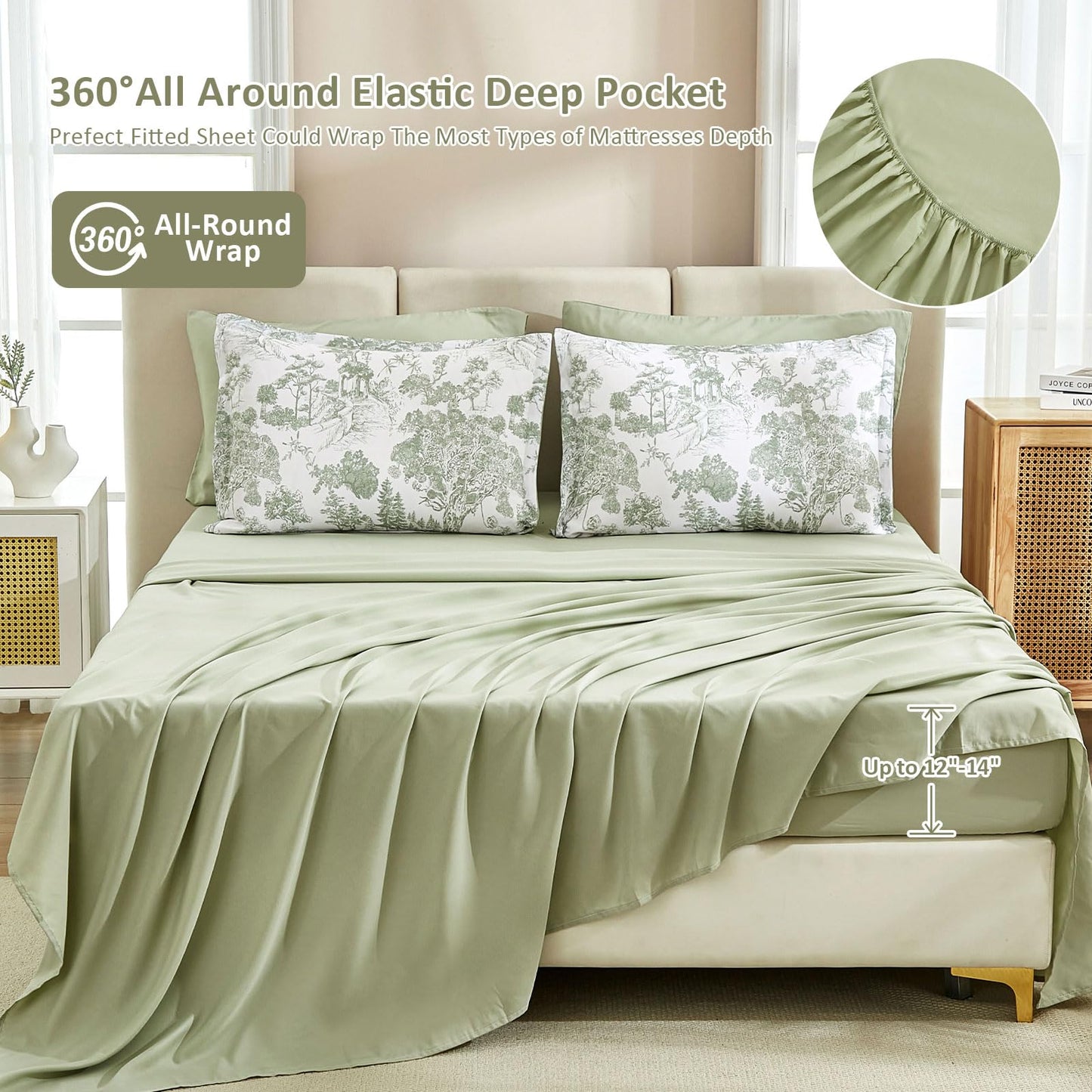 DJY Sage Green Comforter Set King, 7 Pieces Bed in a Bag King Size Botanical Comforters with Sheets Elegant Plants Print Soft Microfiber Reversible Complete Bedding Sets for All Season