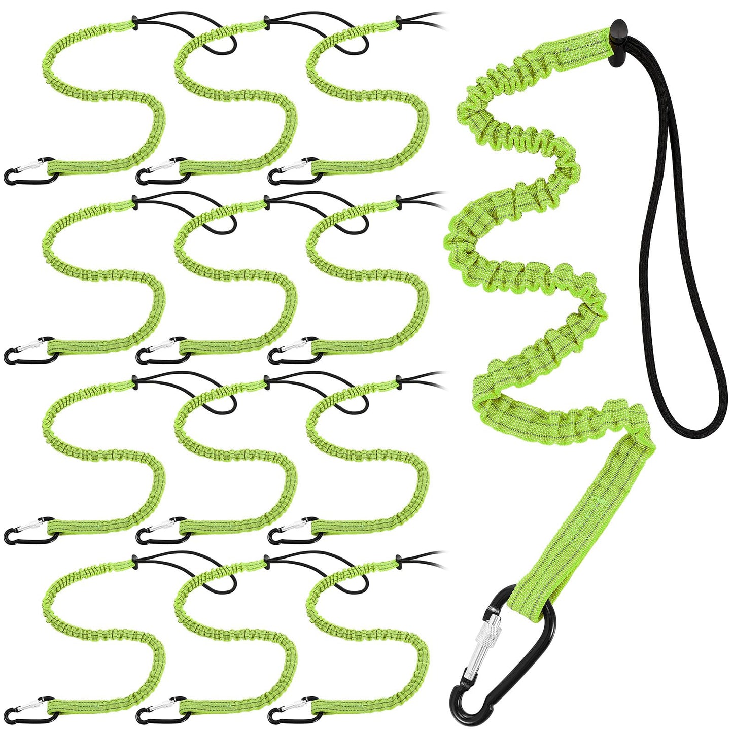 12 Pack Tool Lanyard with Single Metal Buckle and Adjustable Loop End, Standard Length, Maximum Weight Limit 8KG/ 17.6lb, with Aluminum Screw Lock, Retractable Shock Cord Stopper (Green)