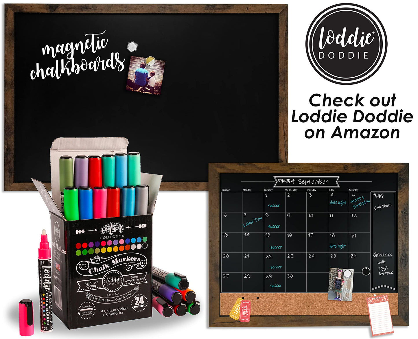 Loddie Doddie Chalkboard Calendar & Bulletin Board - 18 x 24 in, Rustic - Easy-Clean Calendar Chalkboard for Wall - Menu Sign for Meal Planning - Magnet Display for Photos & Souvenirs