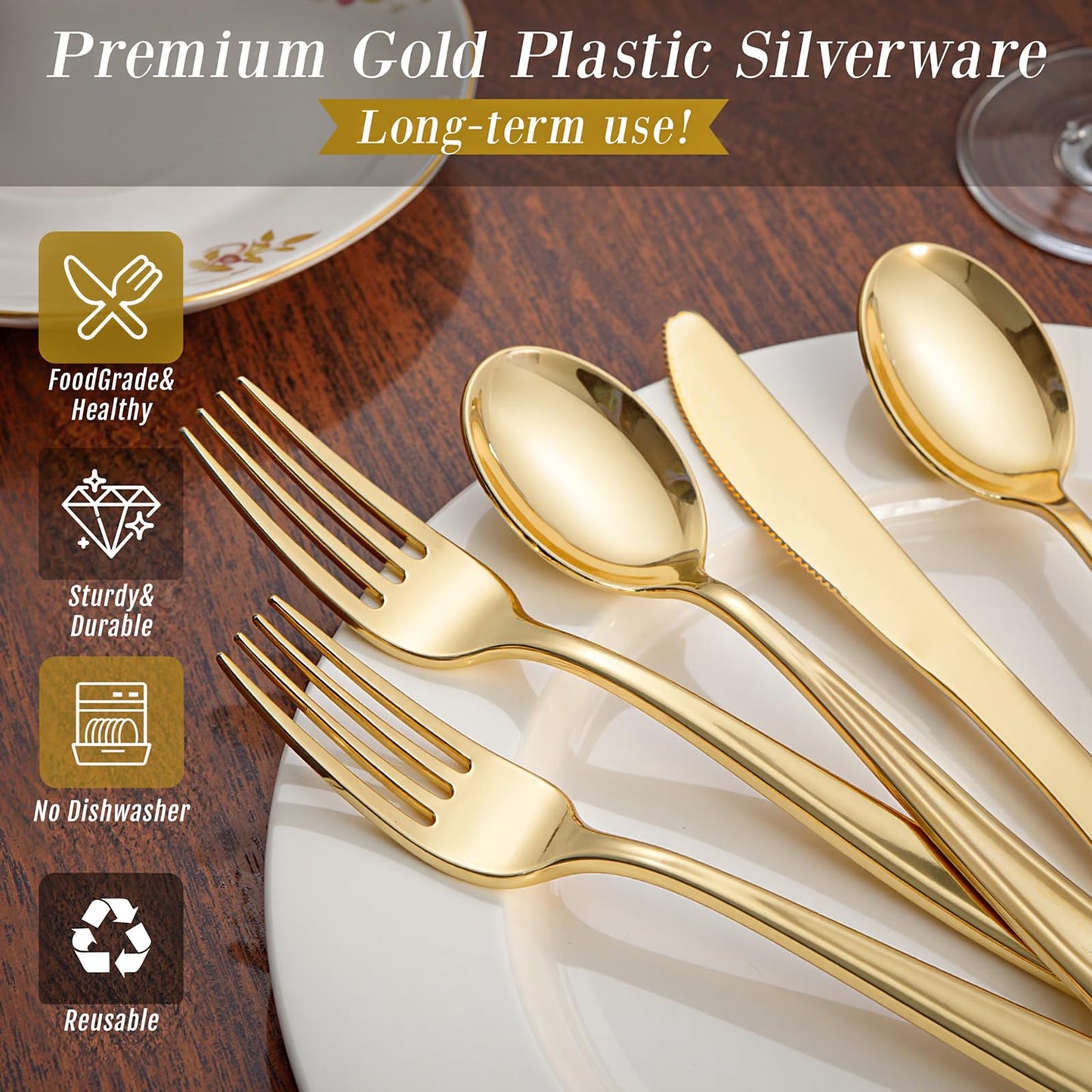 WDF 180 Pieces Disposable Plastic Gold Silverware Cutlery - Disposable Flatware Set 60 Forks, 60 Knives and 60 Spoons - Heavy Duty Gold Plastic Cutlery - Utensils for Baby Shower Wedding Spring