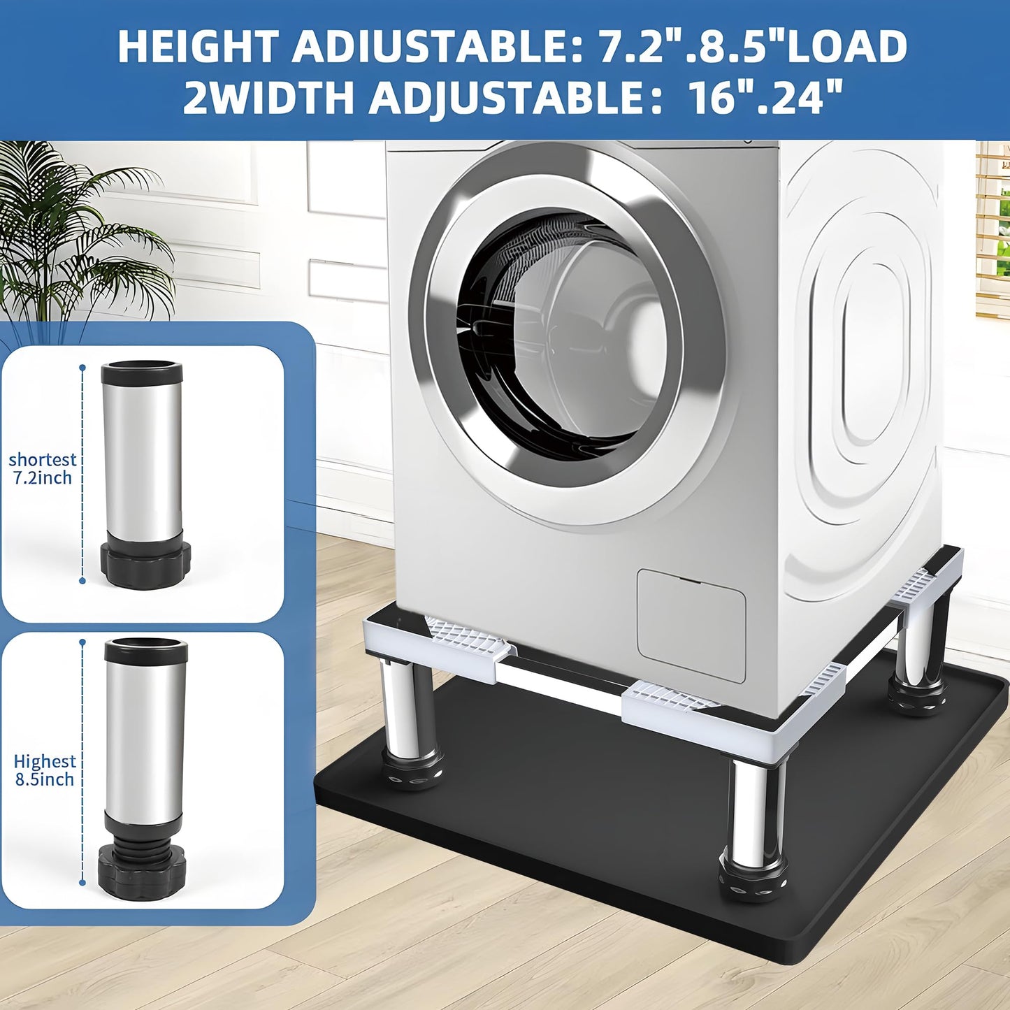 Mini Fridge Stand with Silicone Mat, Adjustable Refrigerator Stand with 4 Stainless steel Feet, 24''x 24'' Dorm Fridge Stand Protect From Appliance Leaks for Fridge, Washer, Dryer (7.3"-8.5" High)