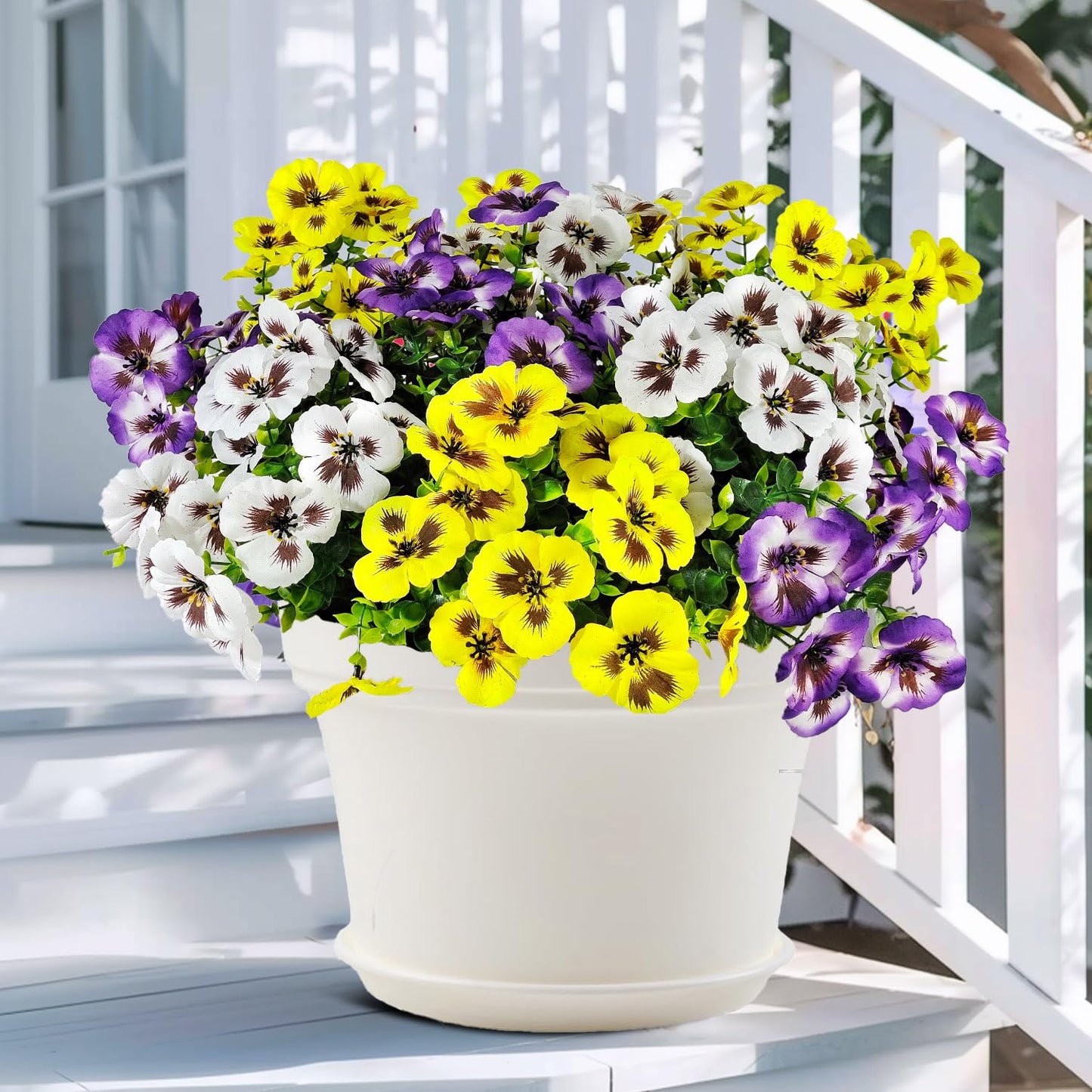 BRIGEA 12 Bundles Artificial Pansy Flowers for Outdoor Faux Silk Flowers UV Resistant for Porch Balcony Patio Garden Home Decor