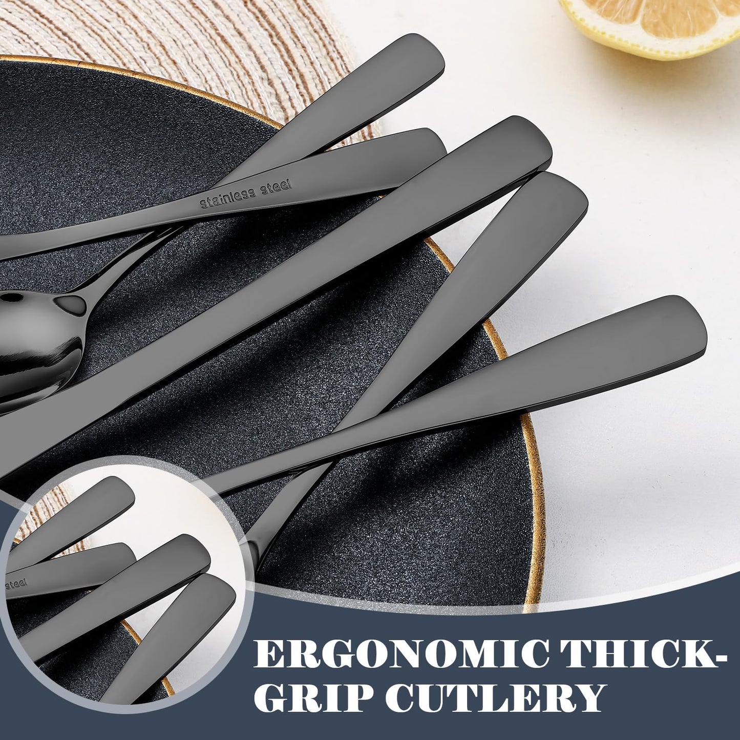 BEWOS 49-Piece Black Silverware Set with Organizer - Stainless Steel Silverware Set for 8 with Steak Knives and Drawer Organizer, Mirror Polished Flatware Set for Home and Restaurant, Dishwasher Safe