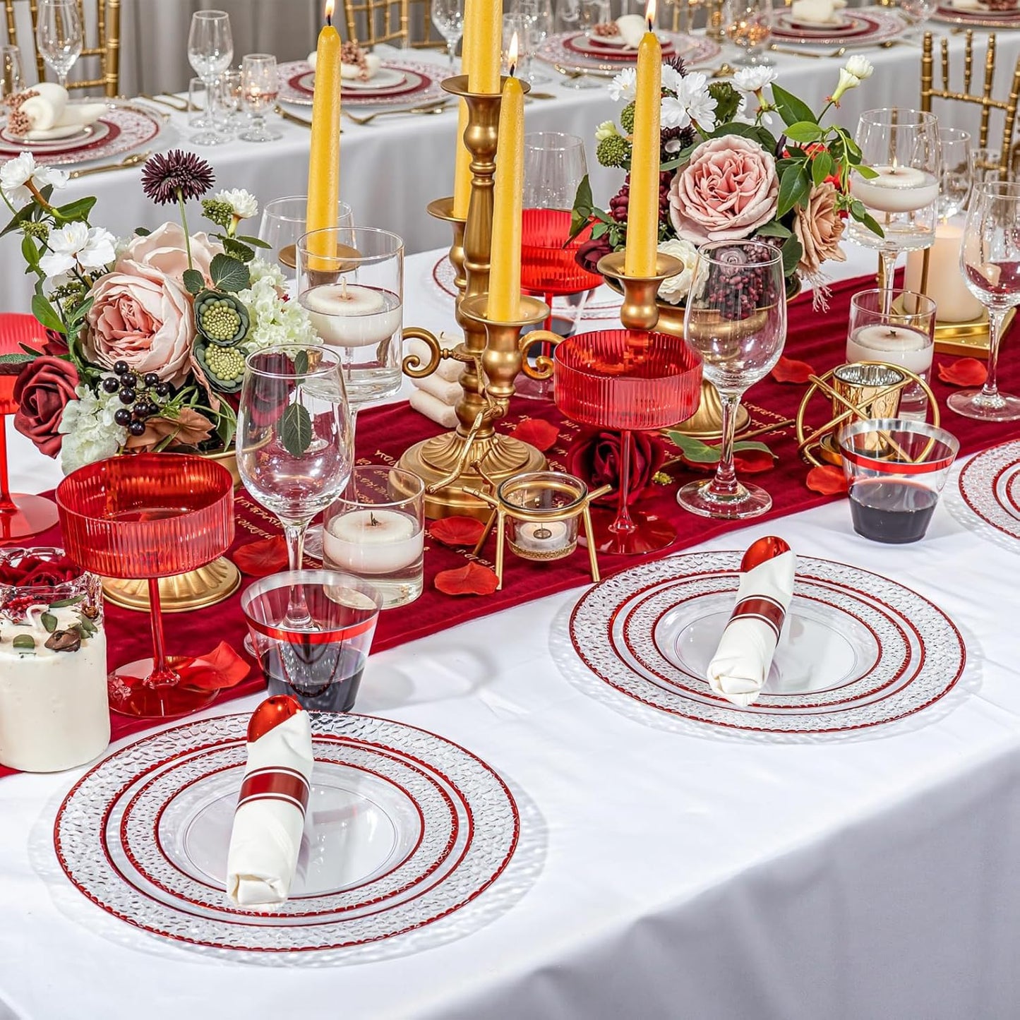 Ciaell 350 PCS Clear and Red Plastic Plates – Red Dinnerware Set for 50 Guests Include 100 Plastic Plates, 50 Pre Rolled Napkins with Cutlery Set, 50 Cups for Wedding & Party