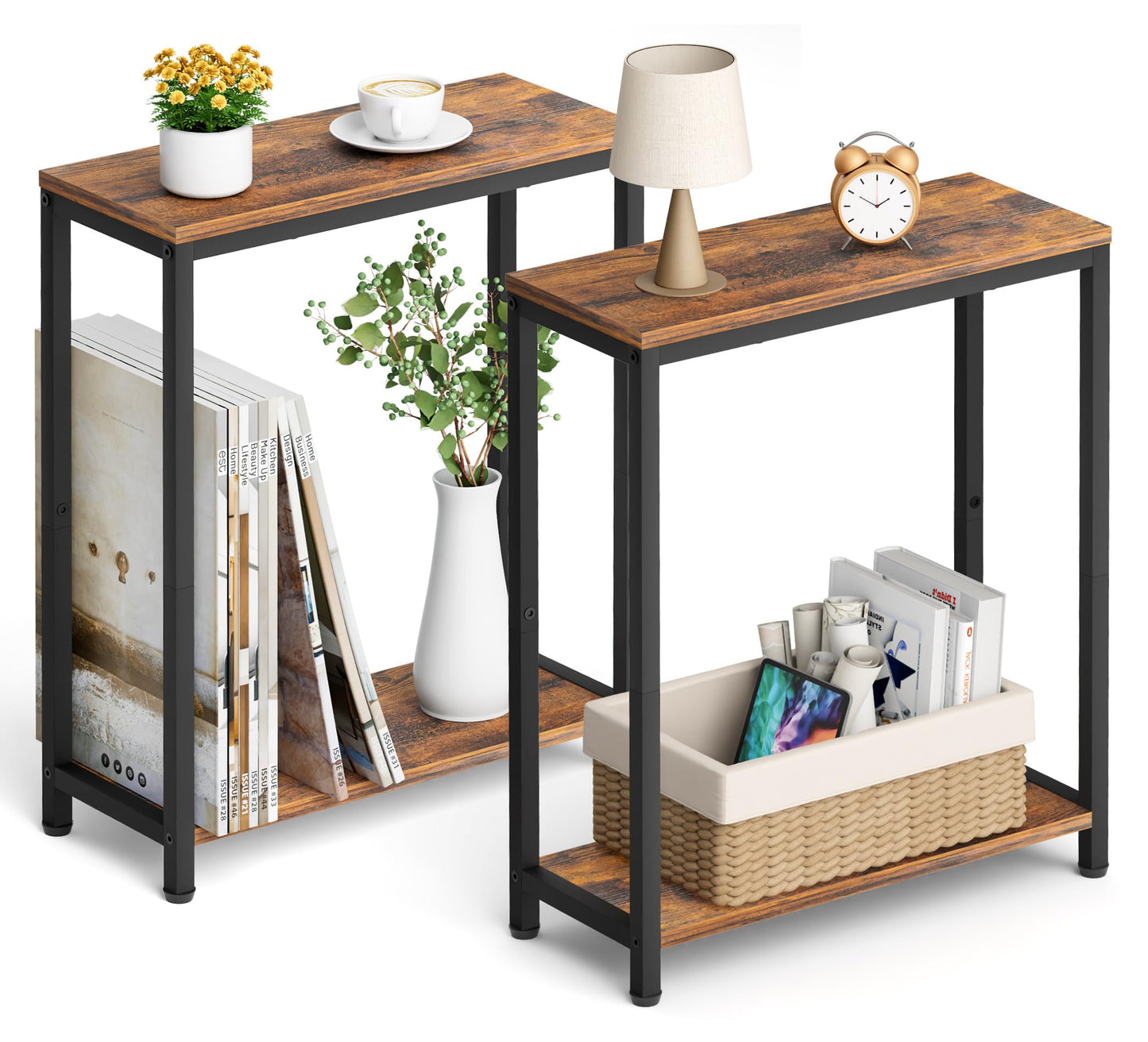 SLEEPING LAMB Narrow End Tables Living Room Set of 2 Small Side Table for Small Space, 2 Tier Slim Skinny Night Stand for Bedroom, Couch Beside Nightstands, Rustic Brown and Classic Black