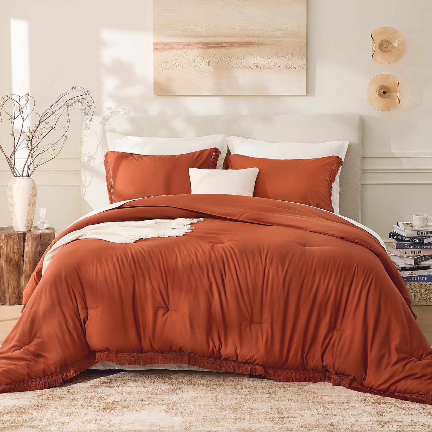 Andency King Size Comforter Set Burnt Orange, 3 Pieces Boho Terracotta Soft Lightweight Bedding Comforter Sets, Rust Tassel All Season Bed Set (104x90In Comforter & 2 Pillowcases)