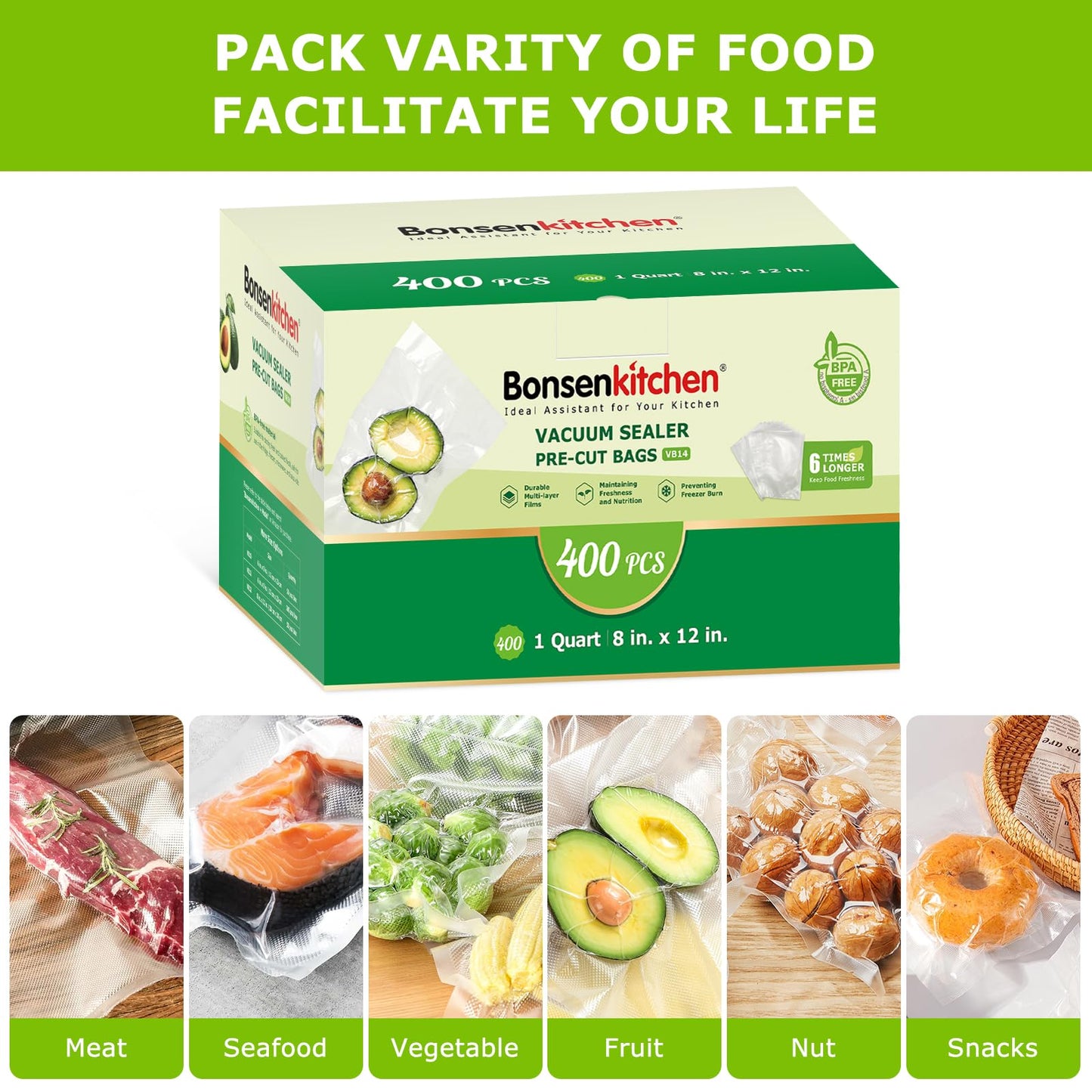 Bonsenkitchen Vacuum Sealer Bags,400 Quart 8" x 12" Precut Food Sealer Bags, Commercial Grade, BPA Free, Heavy Duty, Customized Size Vacuum Bags for Vac Storage, Meal Prep or Sous Vide Cooking, VB14