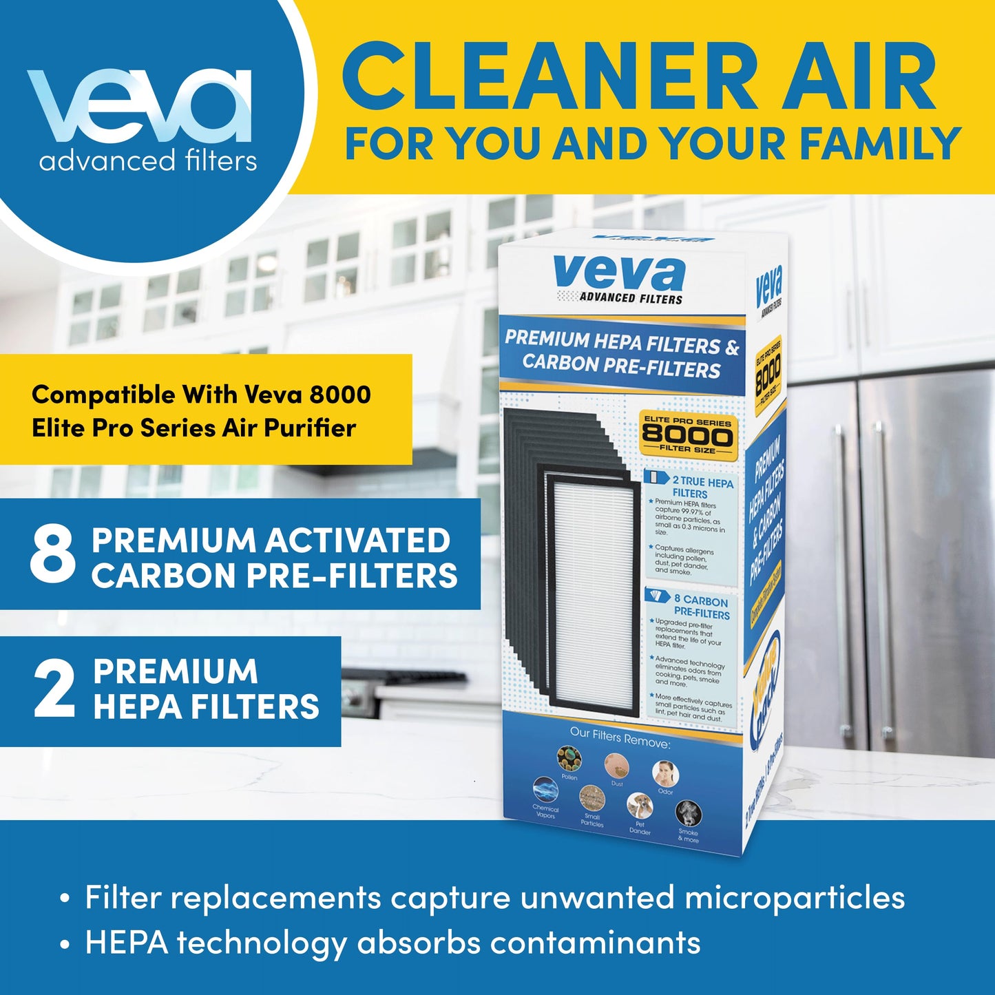 VEVA Genuine 8000 Elite Pro Series Air Purifier 2 HEPA Filters & 8 Carbon Pre-Filters - Removes Allergens, Smoke, Dust, Pet Dander & Odor Air Cleaner Home & Office