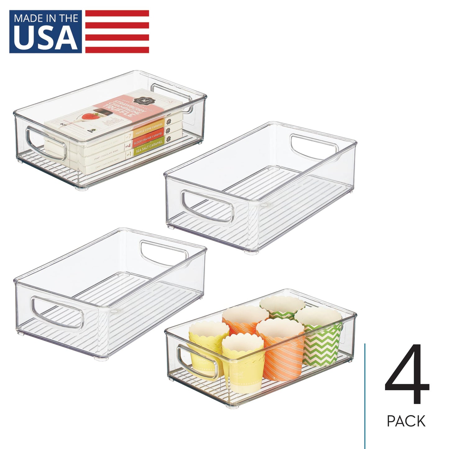 iDesign Stackable Pantry Bin with Handles for Kitchen Storage, Set of 4, Clear, Made in USA