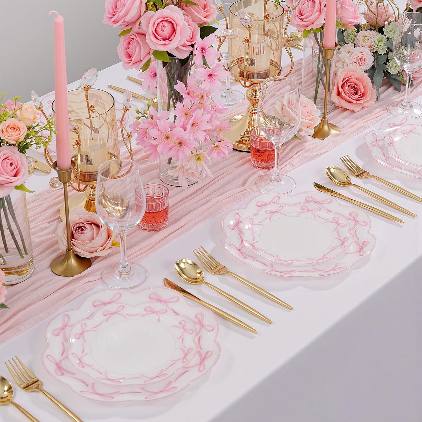 LIYH 60 Pcs Pink Bow Plastic Plates for Party - Pink Scalloped Scalloped Plates Disposable Heavyduty for Decorative Tableware for Holiday Party Decor Supplies - 10.25" Dinner & 7.5" Dessert Plate