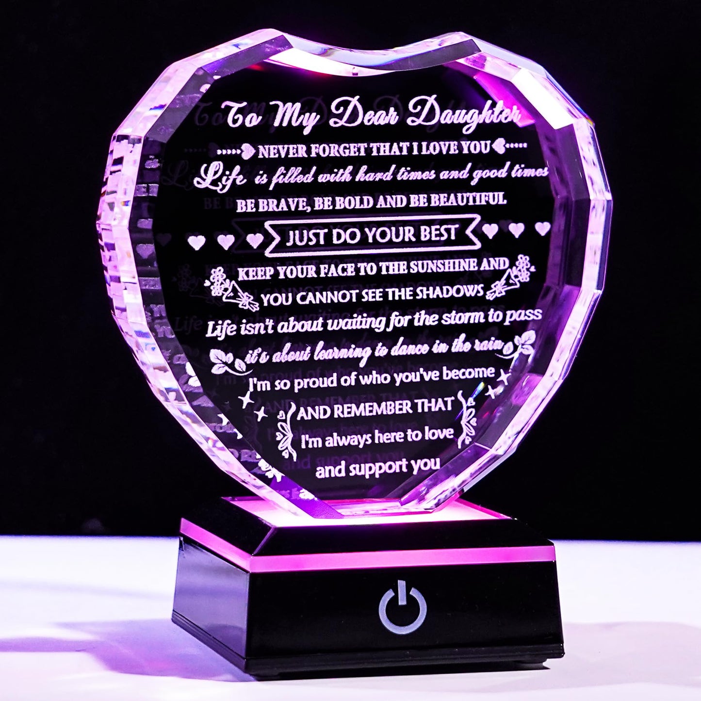 YWHL Meaningful Daughter Gifts from Mom Dad, Birthday Gifts for Adult Daughter Heart Crystal Keepsake with Colorful Light Base, to My Daughters Present on Christmas Graduation Valentine Day
