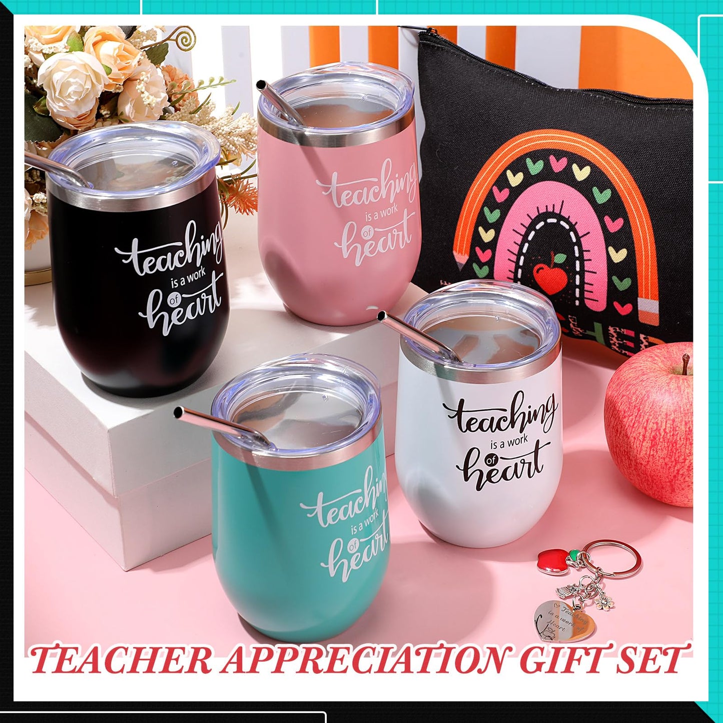 Hoolerry 24 Pcs Teachers Appreciation Gifts Bulk, 12 oz Thank You Tumblers for Graduation Gifts, Teacher Coffee Mug and cosmetic bag keychain for Women Supplies Gift