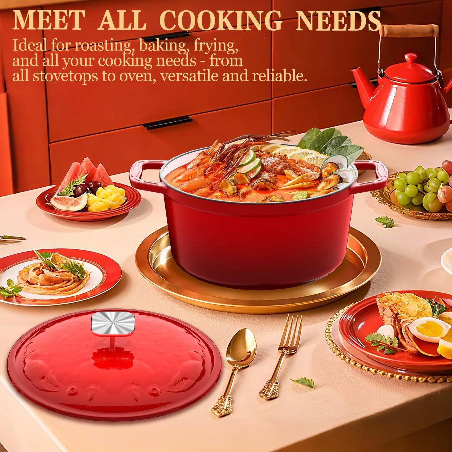 DUTZUN Enameled Cast Iron Dutch Oven - 5 Quart, Exclusive Designed Crab Lid (Patent Pending), Oversized Knob, for Bread Baking Braiser, Cooking Stock Pot - Red