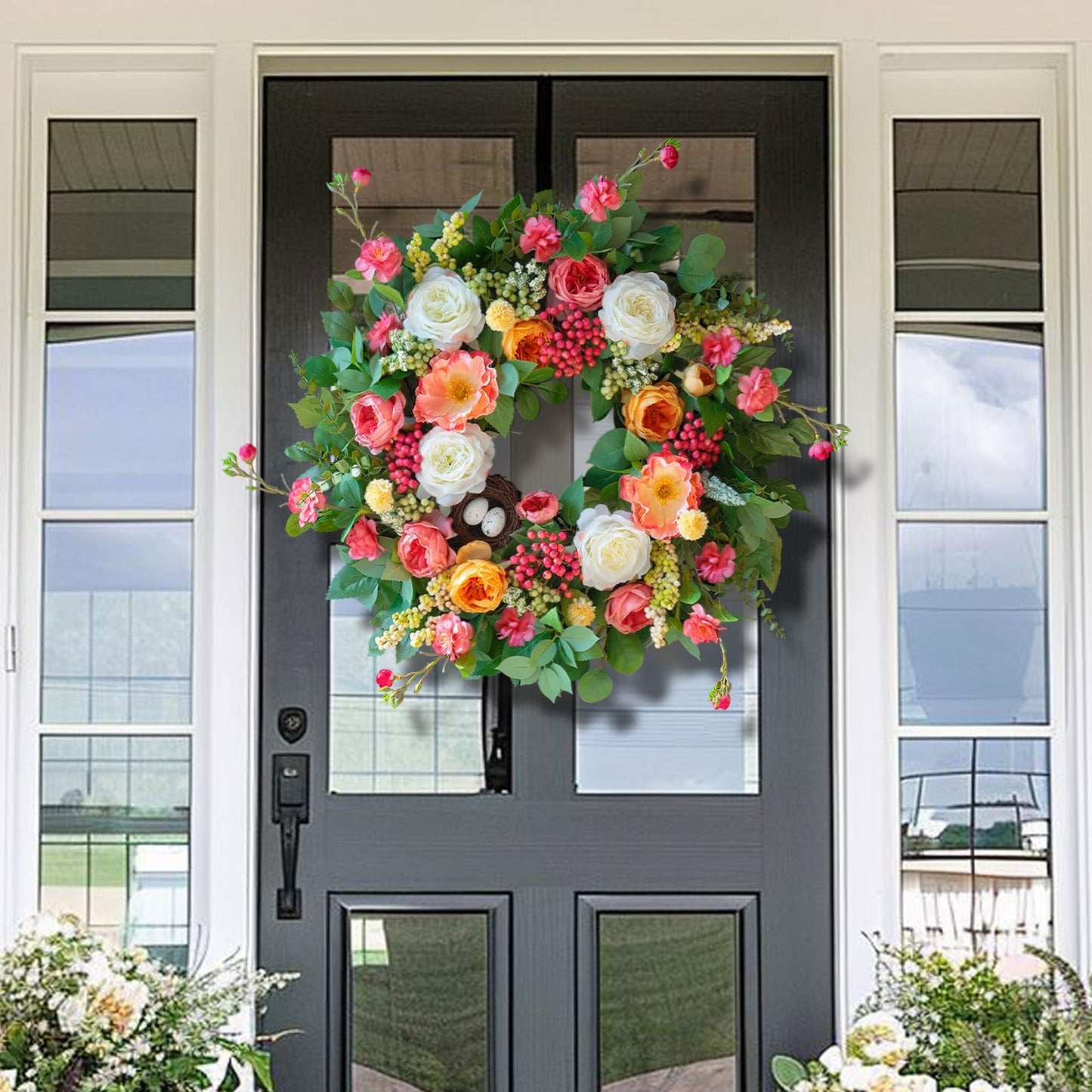 CHvista 24 Inch Spring Wreaths for Front Door Outside,Handcrafted Spring Door Wreath with Roses,Eucalyptus Greener y& Bird Nest Eggs,Luxury Summer Wreaths for Front Door for Porch Home Wall Window