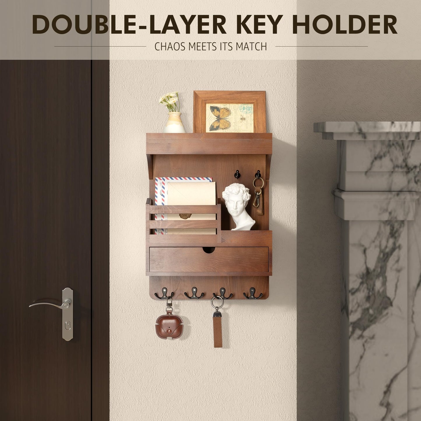 Rebee Vision Farmhouse Key Holder Wall Mount with Drawer Organizer – Pine Wooden Mail and Key Organizer for Wall with 6 Sturdy Hooks & Floating Shelf – Perfect for Retro Living Room Decor (Brown)